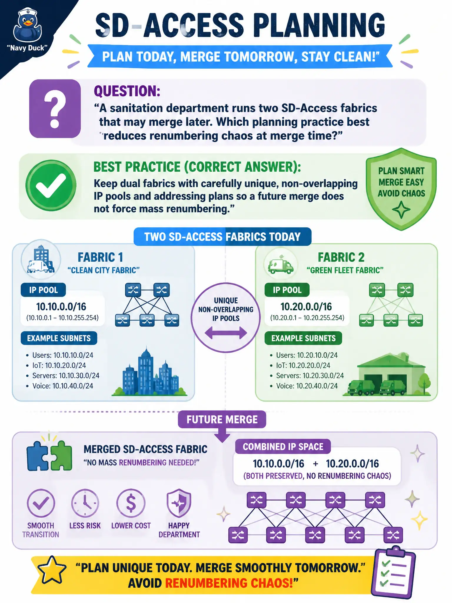 To Create an exciting colorful infographic that explains the concepts in the question: Question: A sanitation department runs two SD-Access fabrics that may merge later. Which planning practice best reduces renumbering chaos at merge time? Correct Answer: Keep dual fabrics with carefully unique, non-overlapping IP pools and addressing plans so a future merge does not force mass renumbering. Put EVERY visible label in double quotes. No people. No A/B/C/D letters. In one of the four corners put a little "Navy Duck".