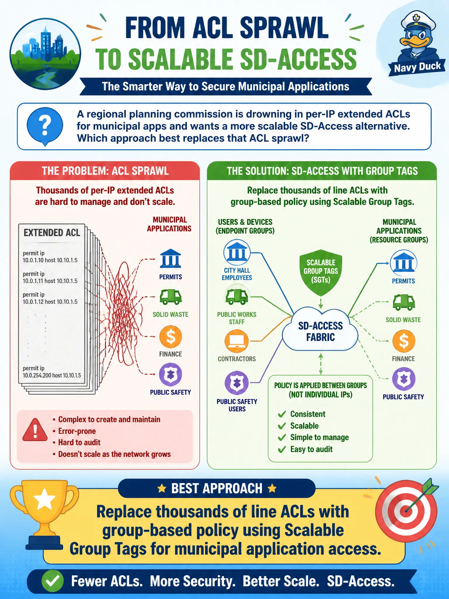 To Create an exciting colorful infographic that explains the concepts in the question: Question: A regional planning commission is drowning in per-IP extended ACLs for municipal apps and wants a more scalable SD-Access alternative. Which approach best replaces that ACL sprawl? Correct Answer: Replace thousands of line ACLs with group-based policy using Scalable Group Tags for municipal application access. Put EVERY visible label in double quotes. No people. No A/B/C/D letters. In one of the four corners put a little "Navy Duck".