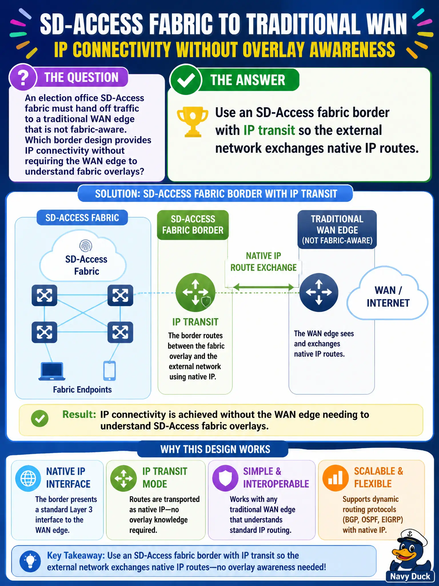 To Create an exciting colorful infographic that explains the concepts in the question: Question: An election office SD-Access fabric must hand off traffic to a traditional WAN edge that is not fabric-aware. Which border design provides IP connectivity without requiring the WAN edge to understand fabric overlays? Correct Answer: Use an SD-Access fabric border with IP transit so the external network exchanges native IP routes Put EVERY visible label in double quotes. No people. No A/B/C/D letters. In one of the four corners put a little "Navy Duck".