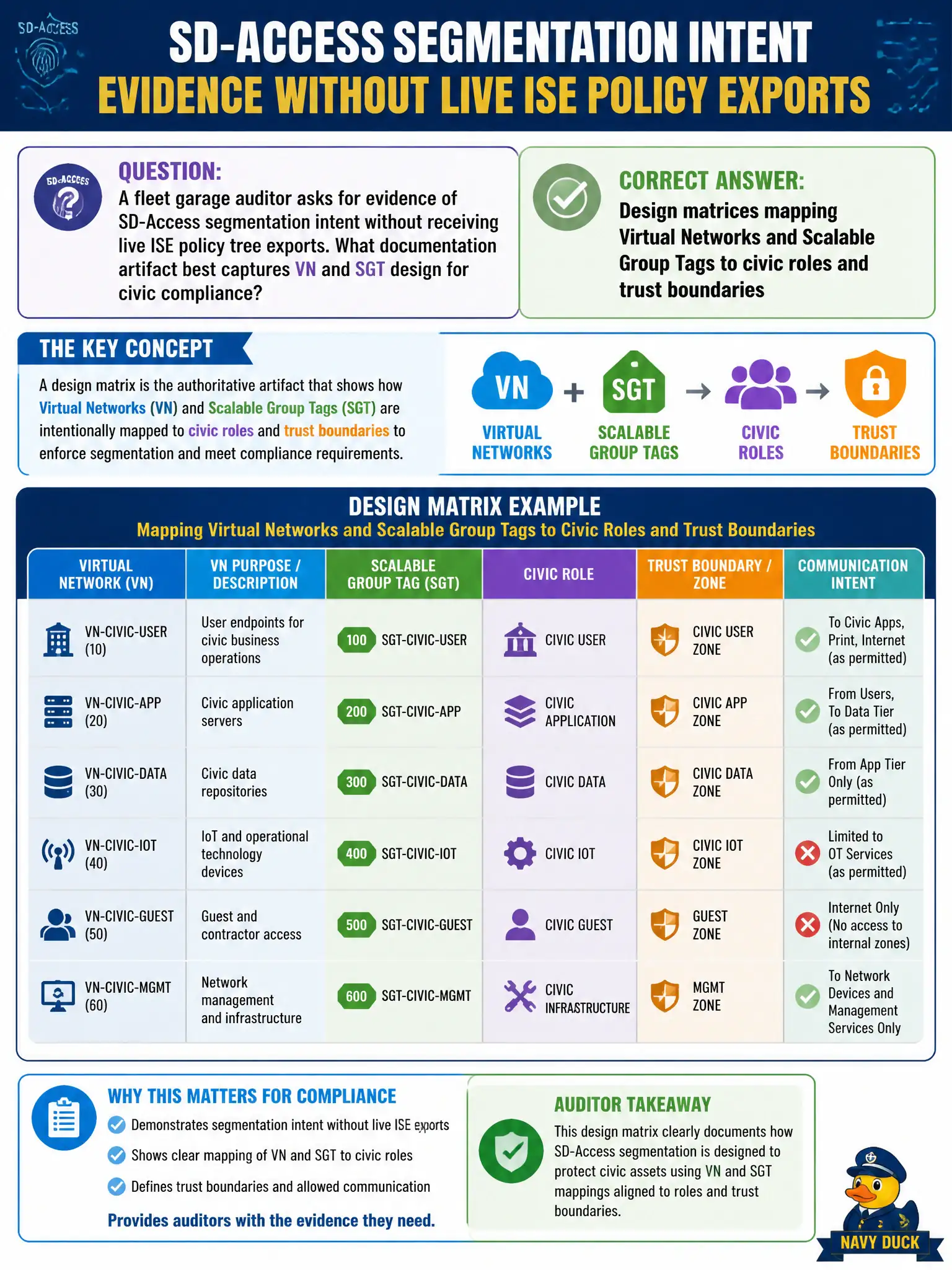 To Create an exciting colorful infographic that explains the concepts in the question: Question: A fleet garage auditor asks for evidence of SD-Access segmentation intent without receiving live ISE policy tree exports. What documentation artifact best captures VN and SGT design for civic compliance? Correct Answer: Design matrices mapping Virtual Networks and Scalable Group Tags to civic roles and trust boundaries Put EVERY visible label in double quotes. No people. No A/B/C/D letters. In one of the four corners put a little "Navy Duck".