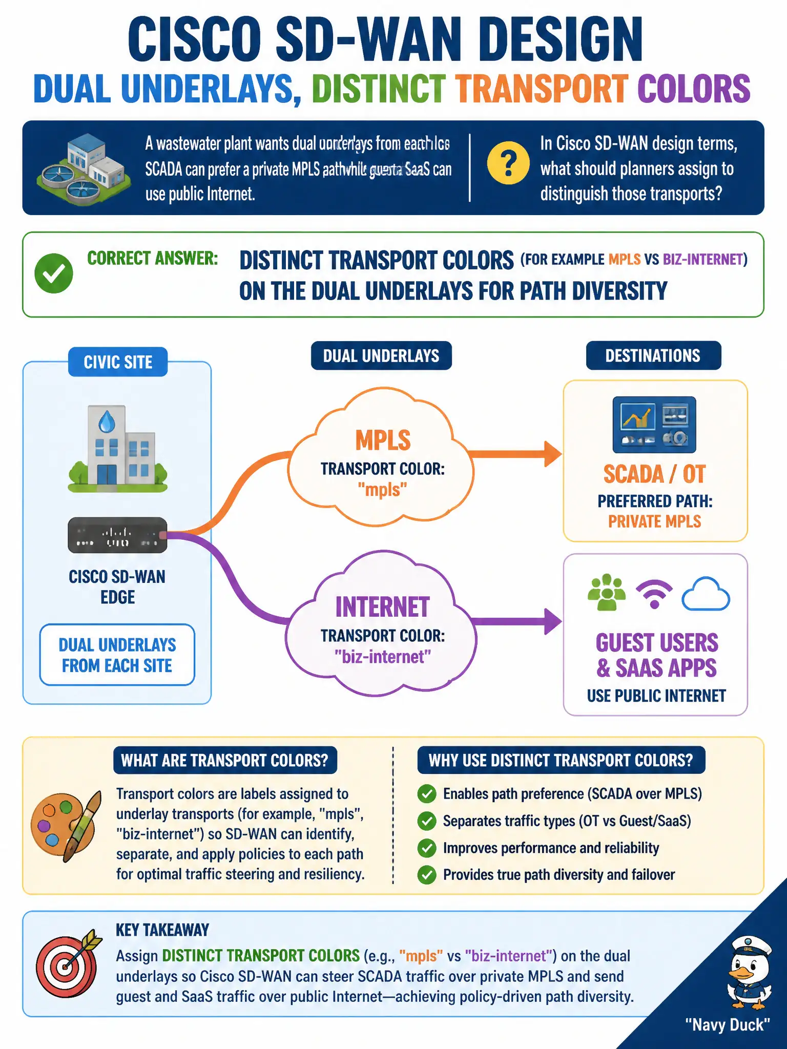 To Create an exciting colorful infographic that explains the concepts in the question: Question: A wastewater plant wants dual underlays from each civic site so SCADA can prefer a private MPLS path while guest and SaaS can use public Internet. In Cisco SD-WAN design terms, what should planners assign to distinguish those transports? Correct Answer: Distinct transport colors (for example mpls vs biz-internet) on the dual underlays for path diversity Put EVERY visible label in double quotes. No people. No A/B/C/D letters. In one of the four corners put a little "Navy Duck".