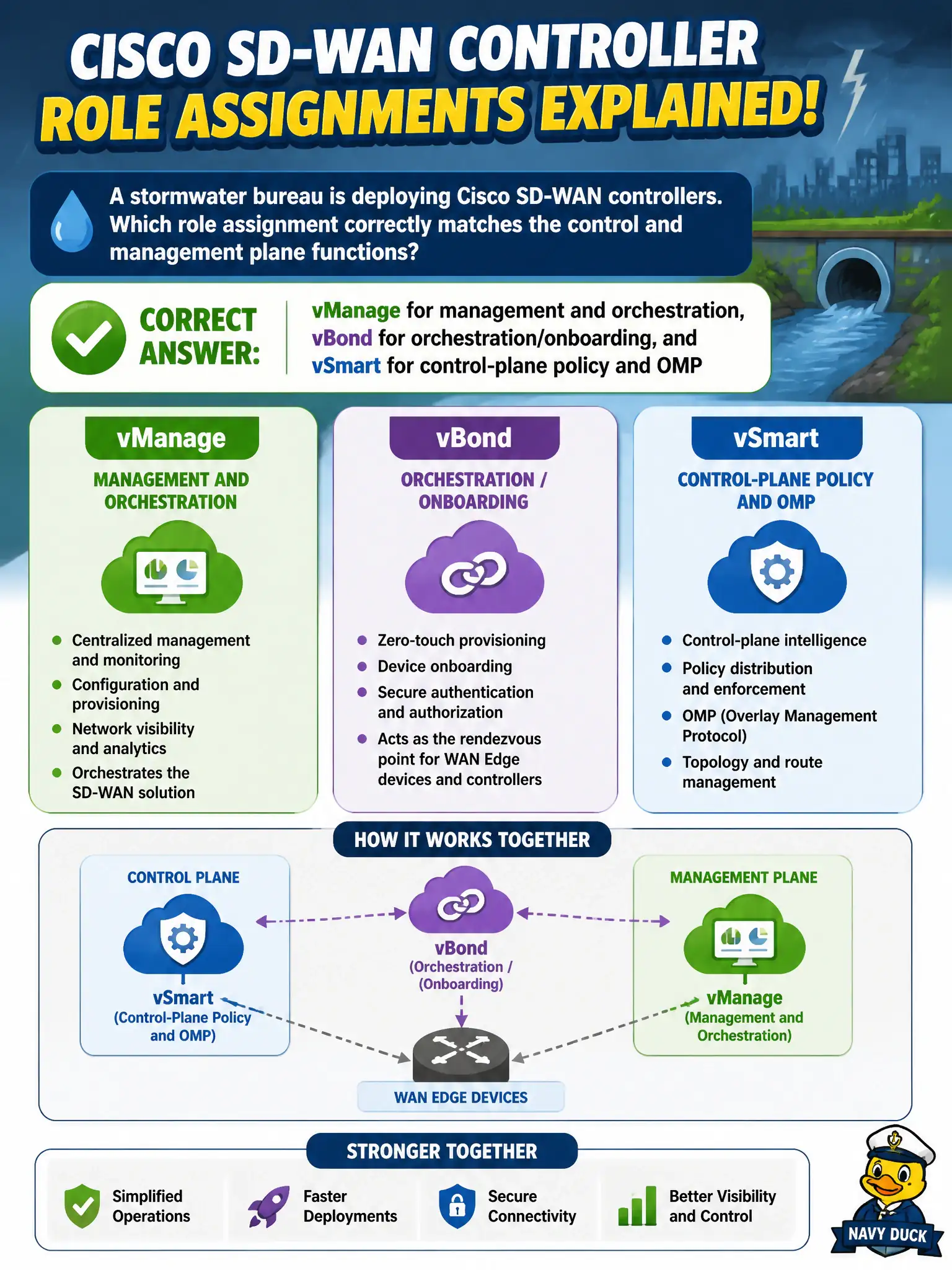 To Create an exciting colorful infographic that explains the concepts in the question: Question: A stormwater bureau is deploying Cisco SD-WAN controllers. Which role assignment correctly matches the control and management plane functions? Correct Answer: vManage for management and orchestration, vBond for orchestration/onboarding, and vSmart for control-plane policy and OMP Put EVERY visible label in double quotes. No people. No A/B/C/D letters. In one of the four corners put a little "Navy Duck".
