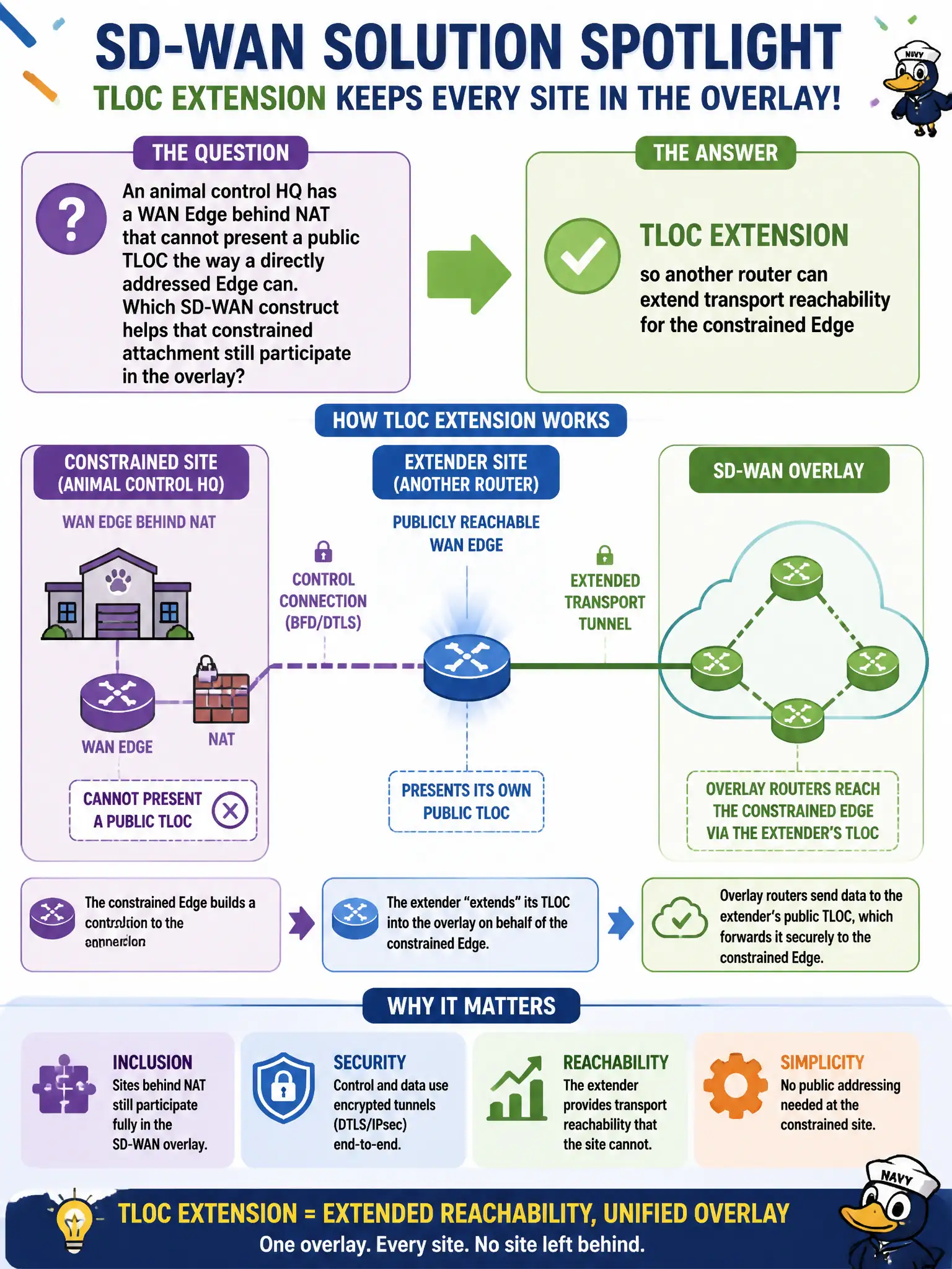 To Create an exciting colorful infographic that explains the concepts in the question: Question: An animal control HQ has a WAN Edge behind NAT that cannot present a public TLOC the way a directly addressed Edge can. Which SD-WAN construct helps that constrained attachment still participate in the overlay? Correct Answer: TLOC extension so another router can extend transport reachability for the constrained Edge Put EVERY visible label in double quotes. No people. No A/B/C/D letters. In one of the four corners put a little "Navy Duck".