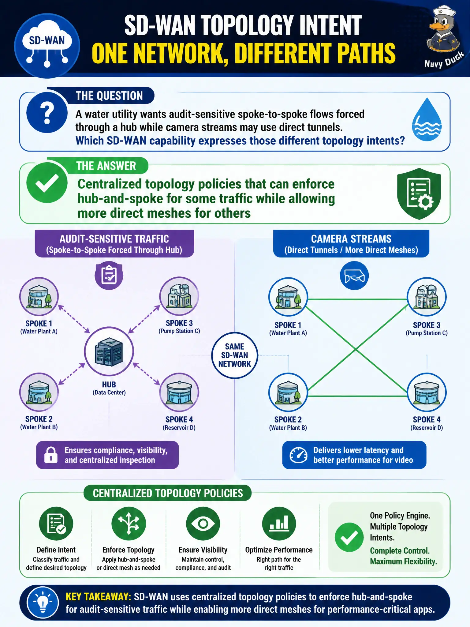 To Create an exciting colorful infographic that explains the concepts in the question: Question: A water utility wants audit-sensitive spoke-to-spoke flows forced through a hub while camera streams may use direct tunnels. Which SD-WAN capability expresses those different topology intents? Correct Answer: Centralized topology policies that can enforce hub-and-spoke for some traffic while allowing more direct meshes for others Put EVERY visible label in double quotes. No people. No A/B/C/D letters. In one of the four corners put a little "Navy Duck".