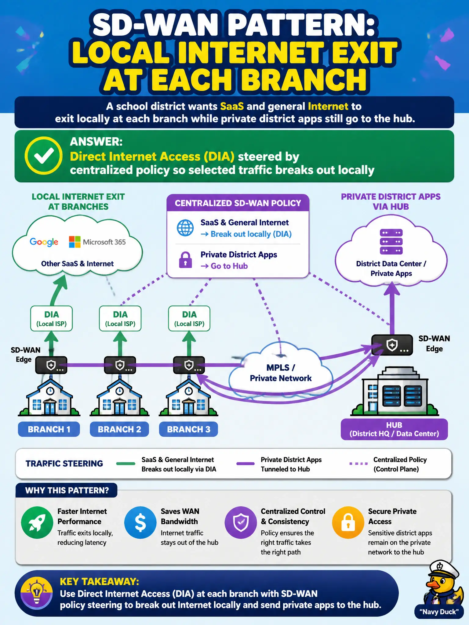 To Create an exciting colorful infographic that explains the concepts in the question: Question: A school district wants SaaS and general Internet to exit locally at each branch while private district apps still go to the hub. Which SD-WAN pattern enables that local Internet exit? Correct Answer: Direct Internet Access (DIA) steered by centralized policy so selected traffic breaks out locally Put EVERY visible label in double quotes. No people. No A/B/C/D letters. In one of the four corners put a little "Navy Duck".