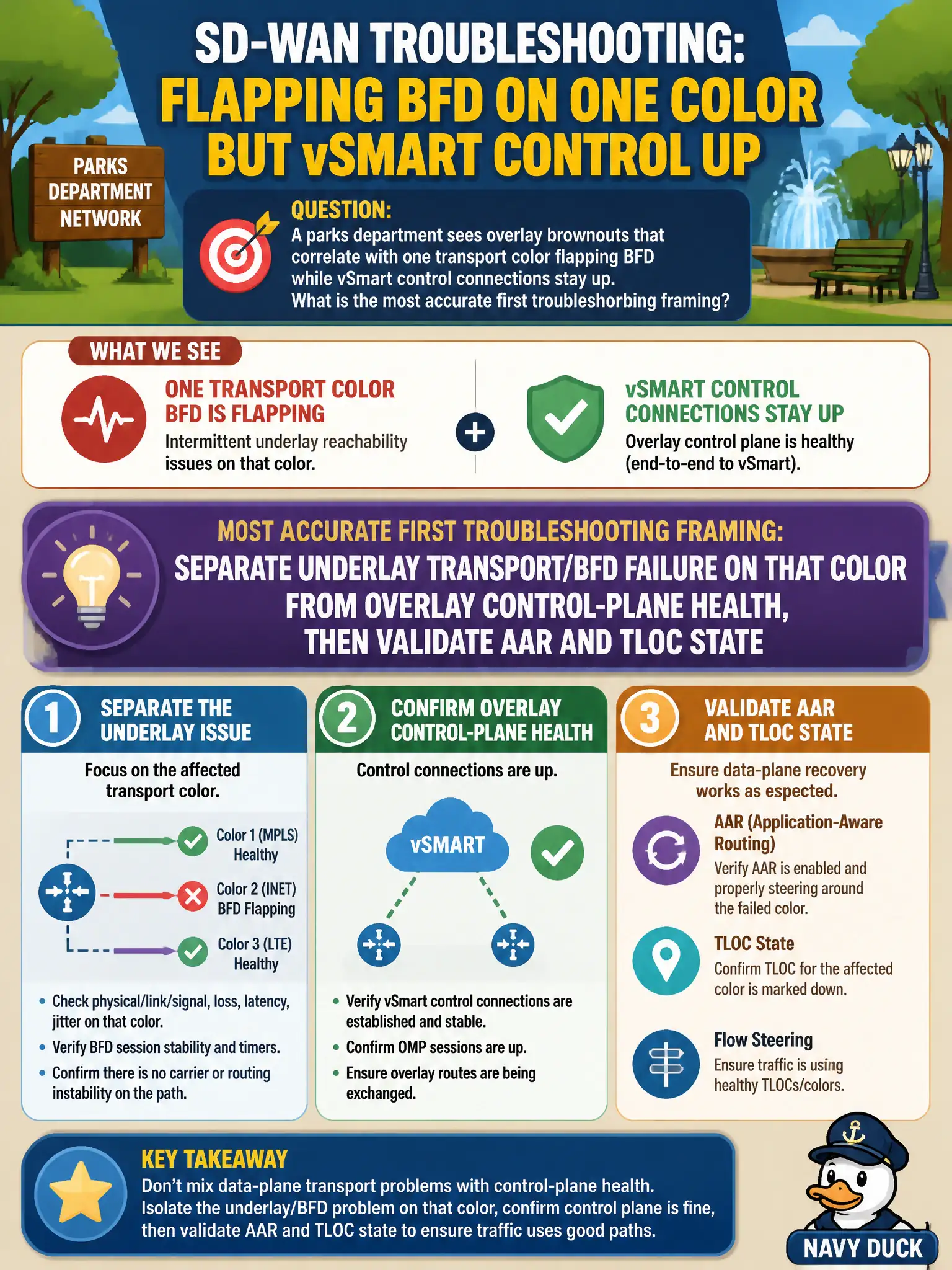 To Create an exciting colorful infographic that explains the concepts in the question: Question: A parks department sees overlay brownouts that correlate with one transport color flapping BFD while vSmart control connections stay up. What is the most accurate first troubleshooting framing? Correct Answer: Separate underlay transport/BFD failure on that color from overlay control-plane health, then validate AAR and TLOC state Put EVERY visible label in double quotes. No people. No A/B/C/D letters. In one of the four corners put a little "Navy Duck".
