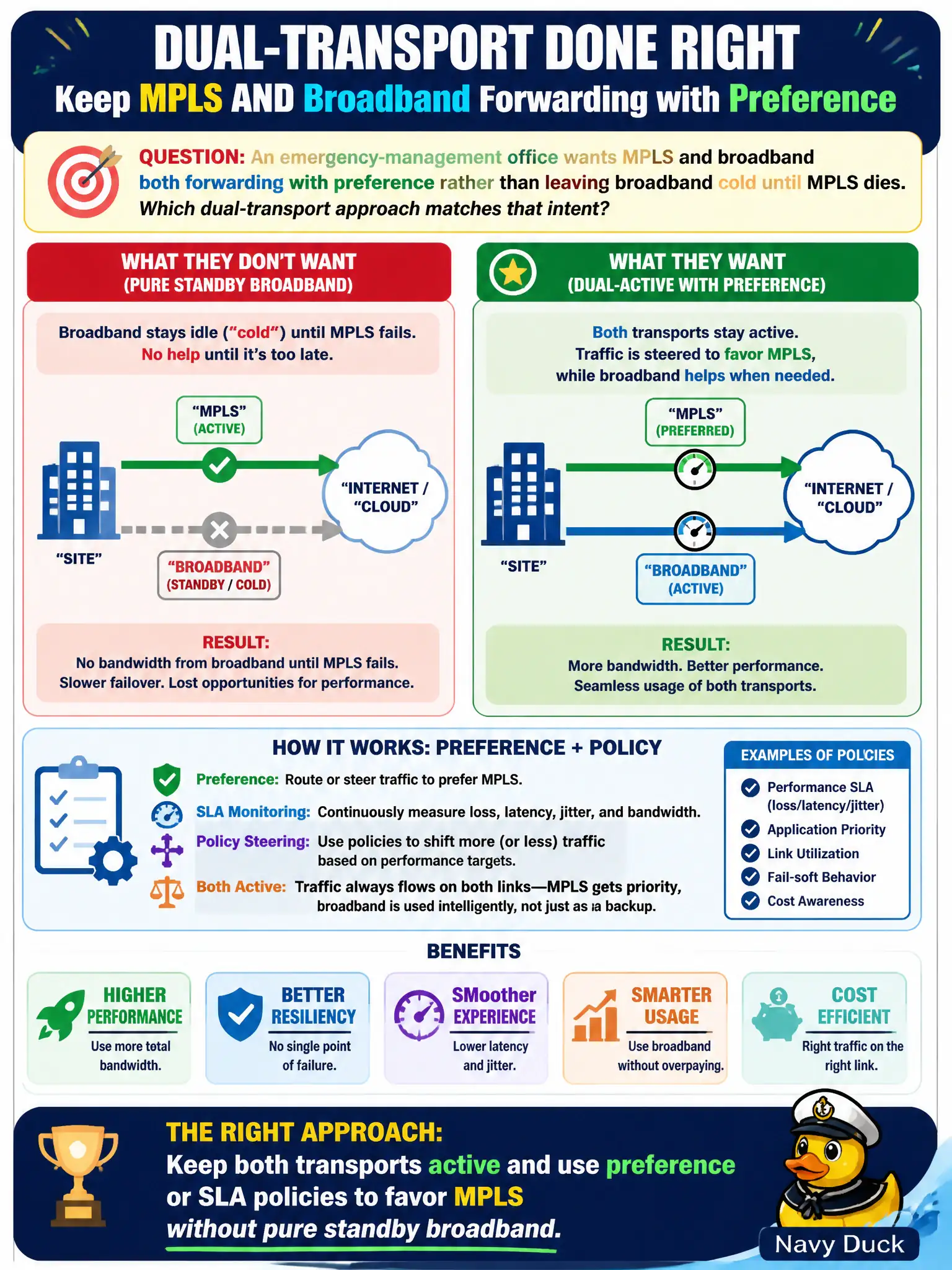 To Create an exciting colorful infographic that explains the concepts in the question: Question: An emergency-management office wants MPLS and broadband both forwarding with preference rather than leaving broadband cold until MPLS dies. Which dual-transport approach matches that intent? Correct Answer: Keep both transports active and use preference or SLA policies to favor MPLS without pure standby broadband Put EVERY visible label in double quotes. No people. No A/B/C/D letters. In one of the four corners put a little "Navy Duck".