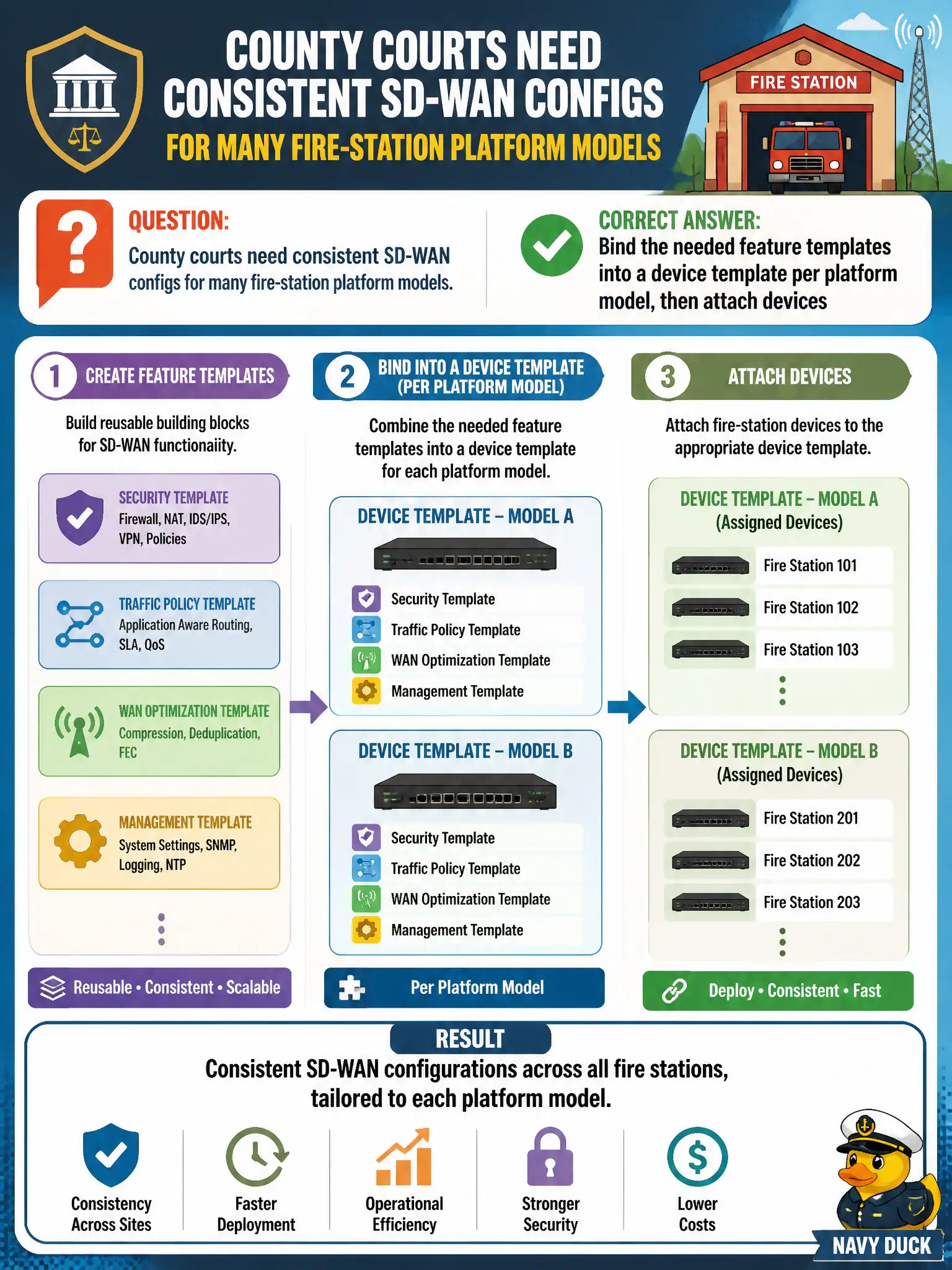 To Create an exciting colorful infographic that explains the concepts in the question: Question: County courts need consistent SD-WAN configs for many fire-station platform models. How should feature templates be used? Correct Answer: Bind the needed feature templates into a device template per platform model, then attach devices Put EVERY visible label in double quotes. No people. No A/B/C/D letters. In one of the four corners put a little "Navy Duck".