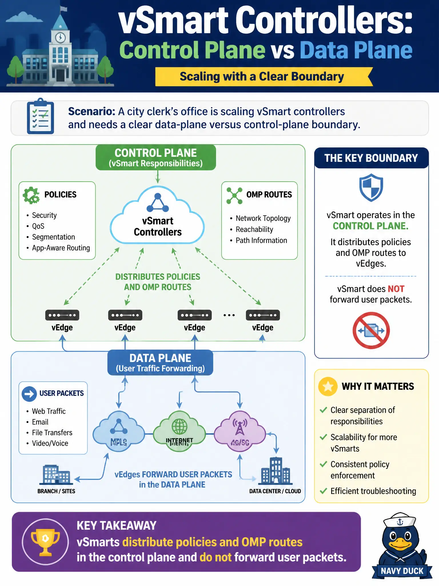 To Create an exciting colorful infographic that explains the concepts in the question: Question: A city clerk’s office is scaling vSmart controllers and needs a clear data-plane versus control-plane boundary. Which statement is correct? Correct Answer: vSmarts distribute policies and OMP routes in the control plane and do not forward user packets Put EVERY visible label in double quotes. No people. No A/B/C/D letters. In one of the four corners put a little "Navy Duck".