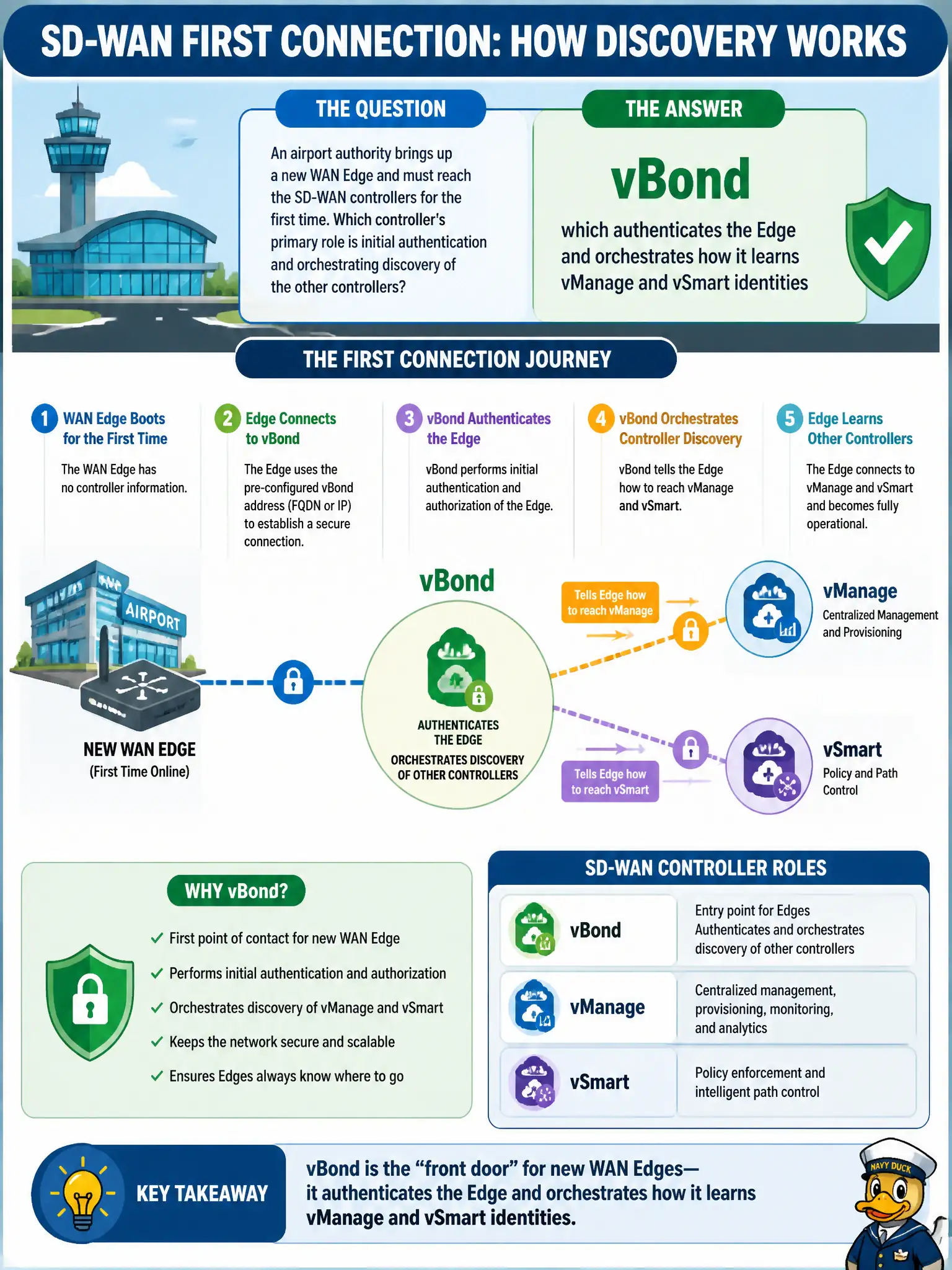 To Create an exciting colorful infographic that explains the concepts in the question: Question: An airport authority brings up a new WAN Edge and must reach the SD-WAN controllers for the first time. Which controller’s primary role is initial authentication and orchestrating discovery of the other controllers? Correct Answer: vBond, which authenticates the Edge and orchestrates how it learns vManage and vSmart identities Put EVERY visible label in double quotes. No people. No A/B/C/D letters. In one of the four corners put a little "Navy Duck".