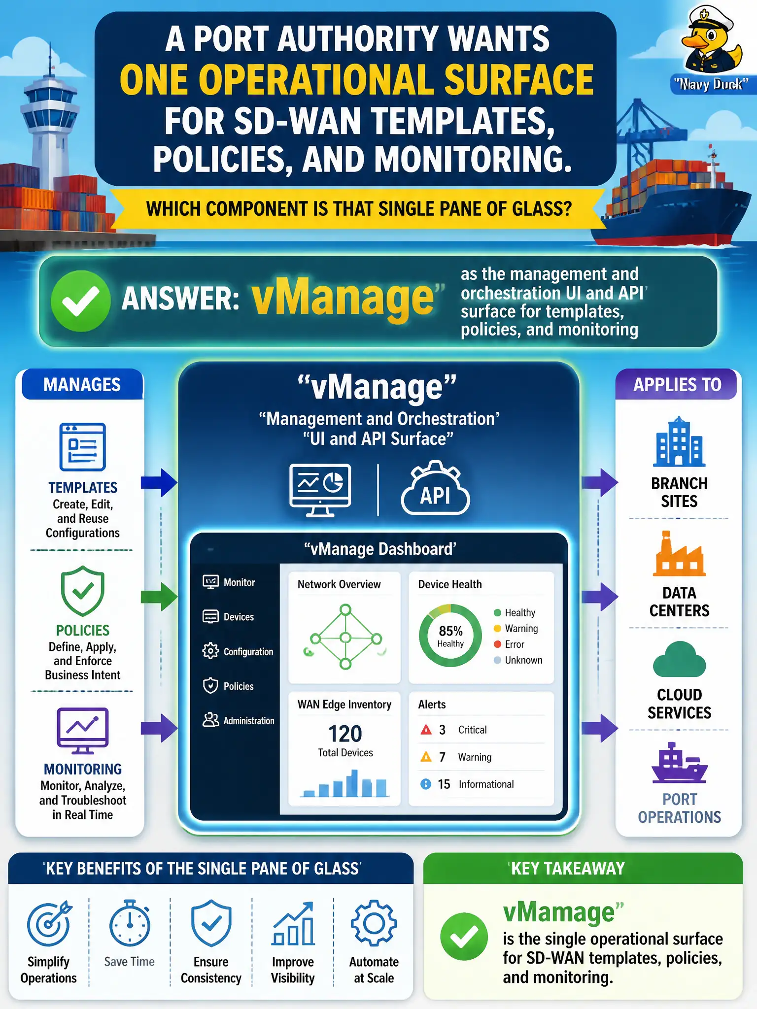 To Create an exciting colorful infographic that explains the concepts in the question: Question: A port authority wants one operational surface for SD-WAN templates, policies, and monitoring. Which component is that single pane of glass? Correct Answer: vManage as the management and orchestration UI and API surface for templates, policies, and monitoring Put EVERY visible label in double quotes. No people. No A/B/C/D letters. In one of the four corners put a little "Navy Duck".