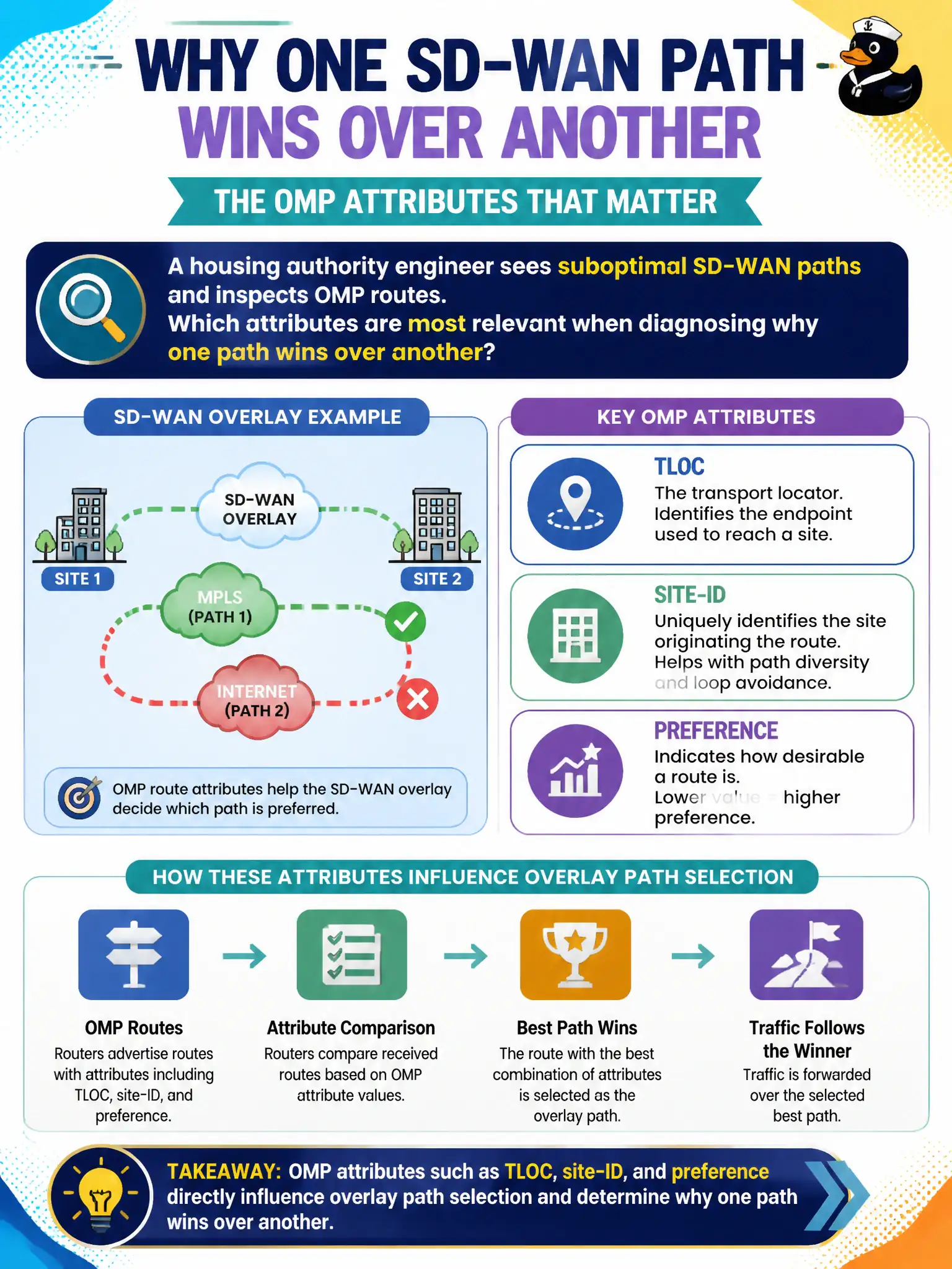 To Create an exciting colorful infographic that explains the concepts in the question: Question: A housing authority engineer sees suboptimal SD-WAN paths and inspects OMP routes. Which attributes are most relevant when diagnosing why one path wins over another? Correct Answer: OMP attributes such as TLOC, site-ID, and preference that influence overlay path selection Put EVERY visible label in double quotes. No people. No A/B/C/D letters. In one of the four corners put a little "Navy Duck".