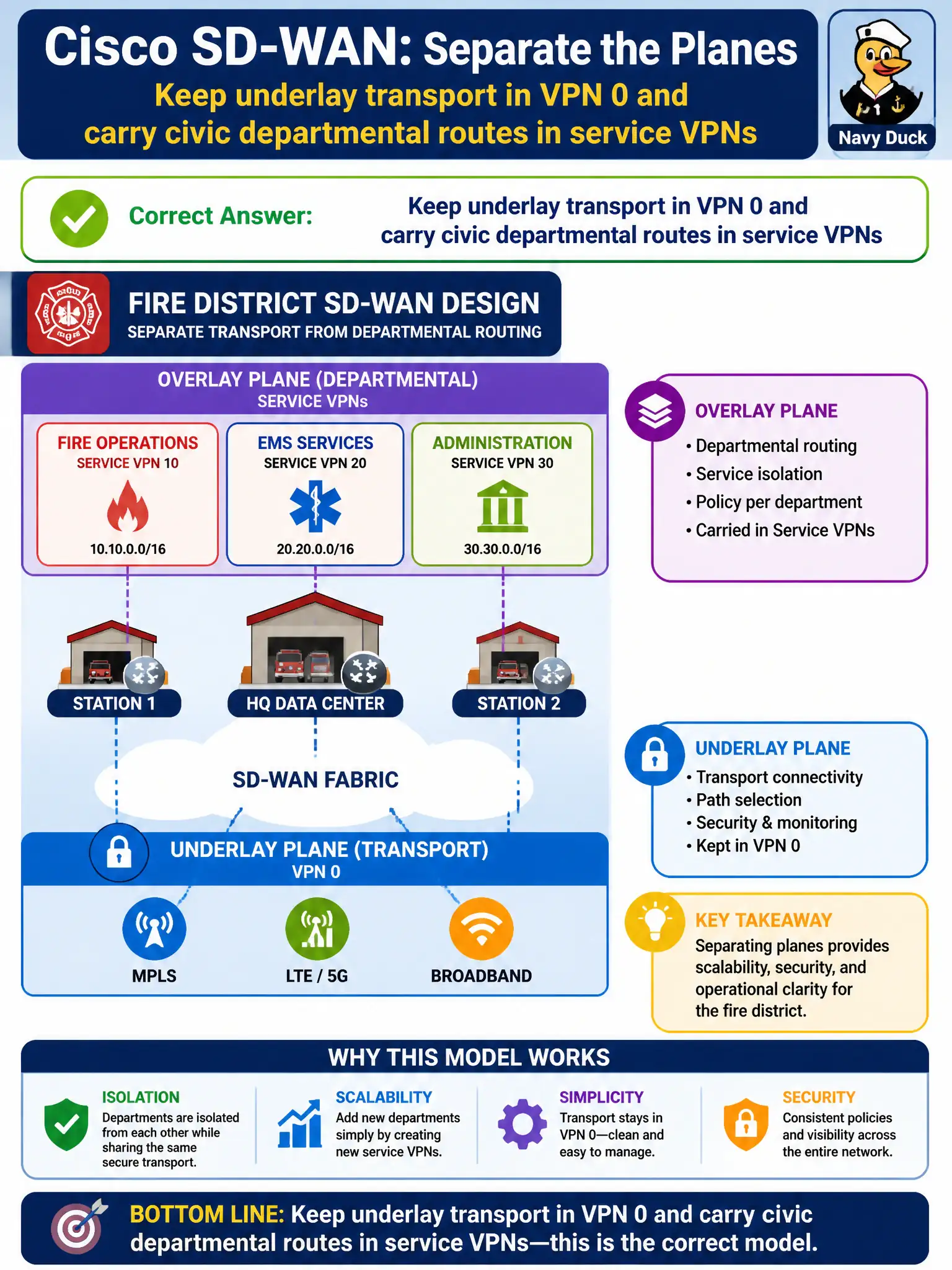 To Create an exciting colorful infographic that explains the concepts in the question: Question: A fire district designs Cisco SD-WAN so transport underlays stay separate from departmental overlay routing. Which model correctly separates those planes? Correct Answer: Keep underlay transport in VPN 0 and carry civic departmental routes in service VPNs Put EVERY visible label in double quotes. No people. No A/B/C/D letters. In one of the four corners put a little "Navy Duck".