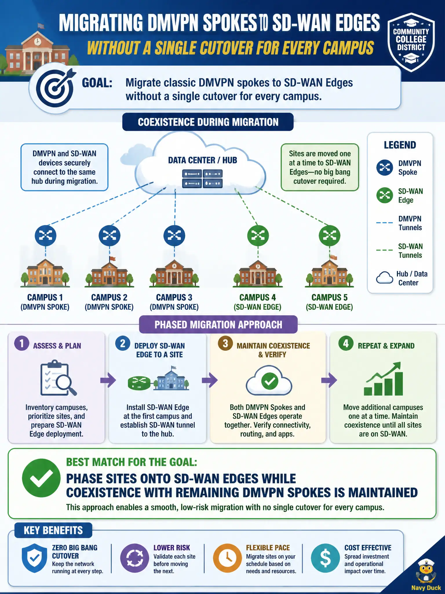 To Create an exciting colorful infographic that explains the concepts in the question: Question: A community college district wants to migrate classic DMVPN spokes to SD-WAN Edges without a single cutover for every campus. Which migration approach best matches that goal? Correct Answer: Phase sites onto SD-WAN Edges while coexistence with remaining DMVPN spokes is maintained Put EVERY visible label in double quotes. No people. No A/B/C/D letters. In one of the four corners put a little "Navy Duck".