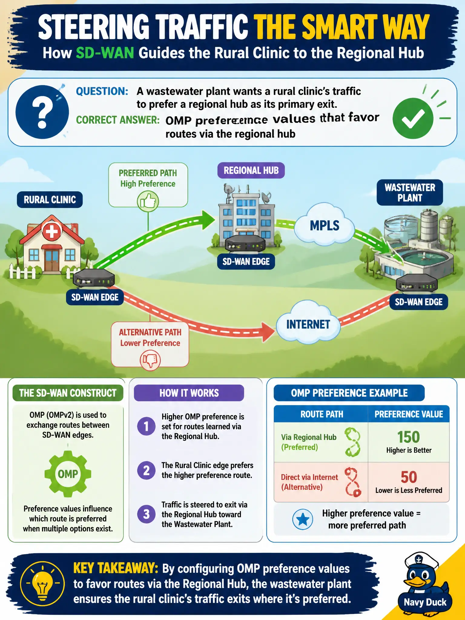 To Create an exciting colorful infographic that explains the concepts in the question: Question: A wastewater plant wants a rural clinic’s traffic to prefer a regional hub as its primary exit. Which SD-WAN construct commonly steers that preference? Correct Answer: OMP preference values that favor routes via the regional hub Put EVERY visible label in double quotes. No people. No A/B/C/D letters. In one of the four corners put a little "Navy Duck".
