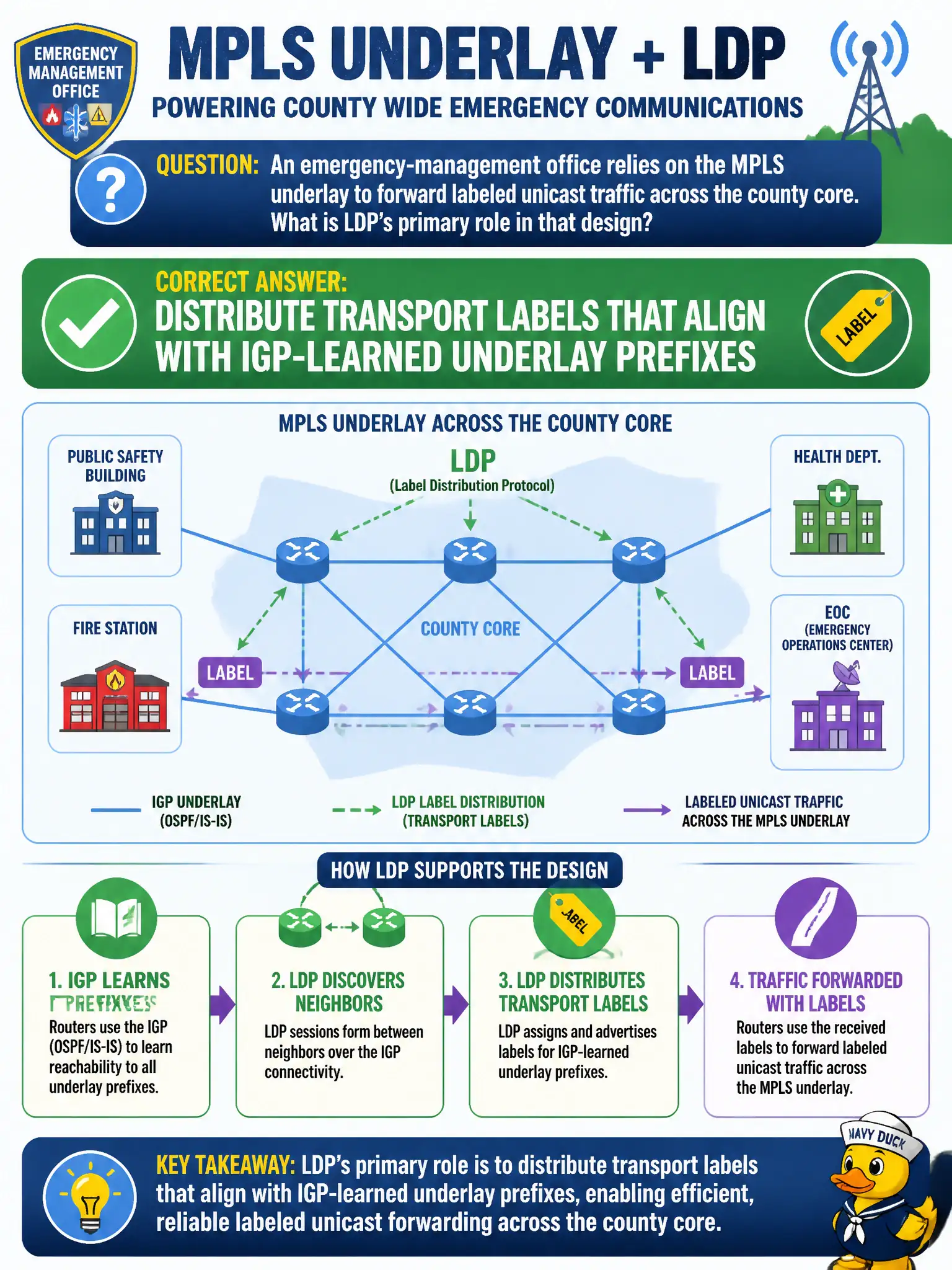 To Create an exciting colorful infographic that explains the concepts in the question: Question: An emergency-management office relies on the MPLS underlay to forward labeled unicast traffic across the county core. What is LDP’s primary role in that design? Correct Answer: Distribute transport labels that align with IGP-learned underlay prefixes Put EVERY visible label in double quotes. No people. No A/B/C/D letters. In one of the four corners put a little "Navy Duck".