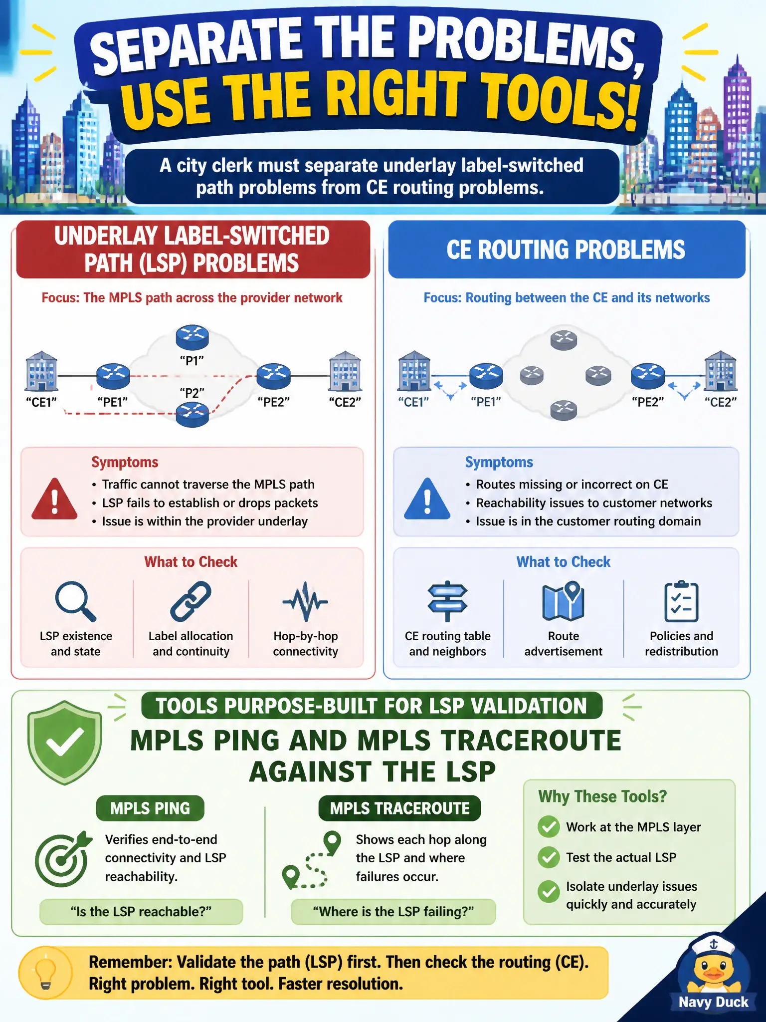 To Create an exciting colorful infographic that explains the concepts in the question: Question: A city clerk must separate underlay label-switched path problems from CE routing problems. Which tools are purpose-built for LSP validation? Correct Answer: MPLS ping and MPLS traceroute against the LSP Put EVERY visible label in double quotes. No people. No A/B/C/D letters. In one of the four corners put a little "Navy Duck".