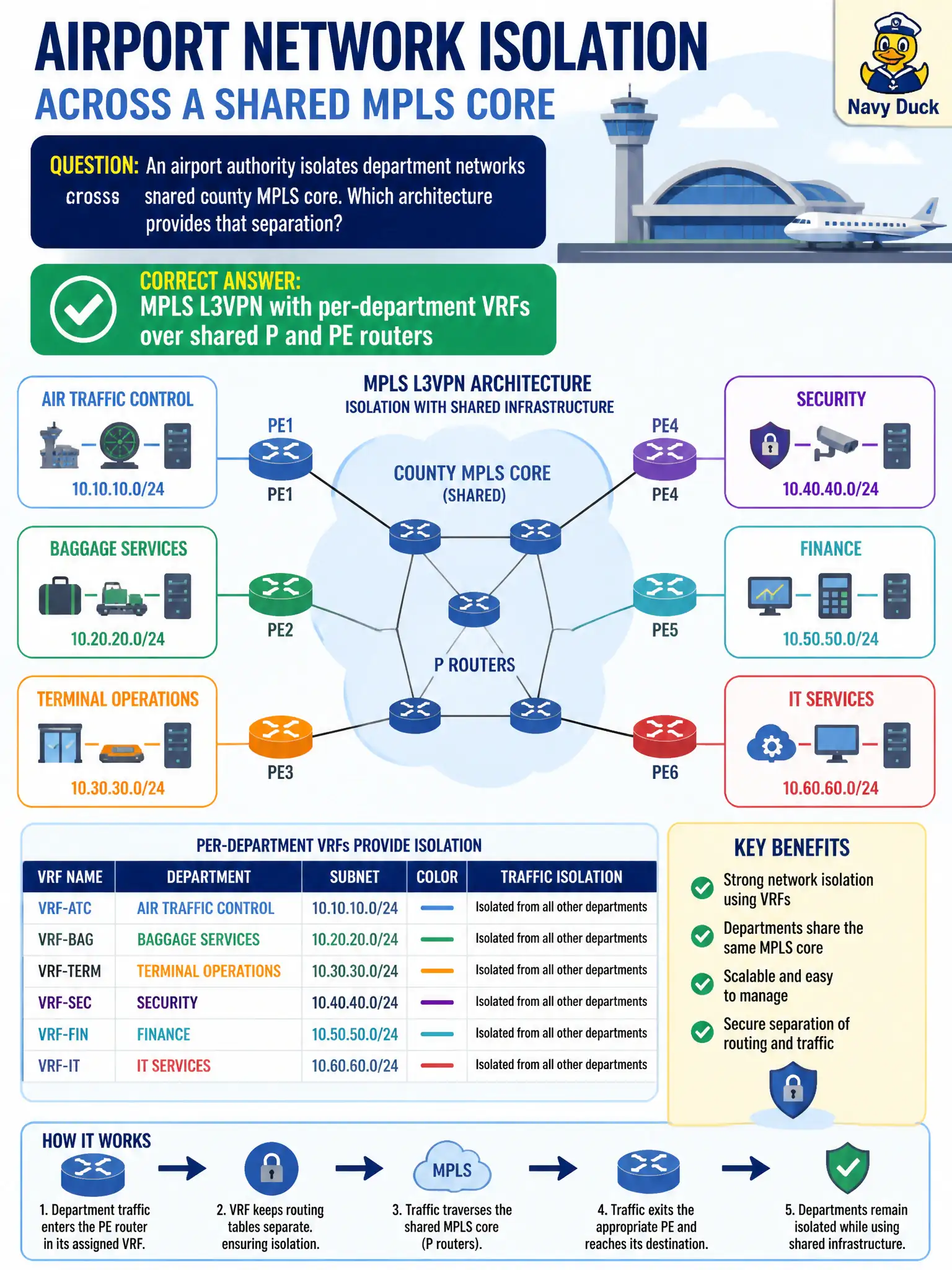 To Create an exciting colorful infographic that explains the concepts in the question: Question: An airport authority isolates department networks across a shared county MPLS core. Which architecture provides that separation? Correct Answer: MPLS L3VPN with per-department VRFs over shared P and PE routers Put EVERY visible label in double quotes. No people. No A/B/C/D letters. In one of the four corners put a little "Navy Duck".