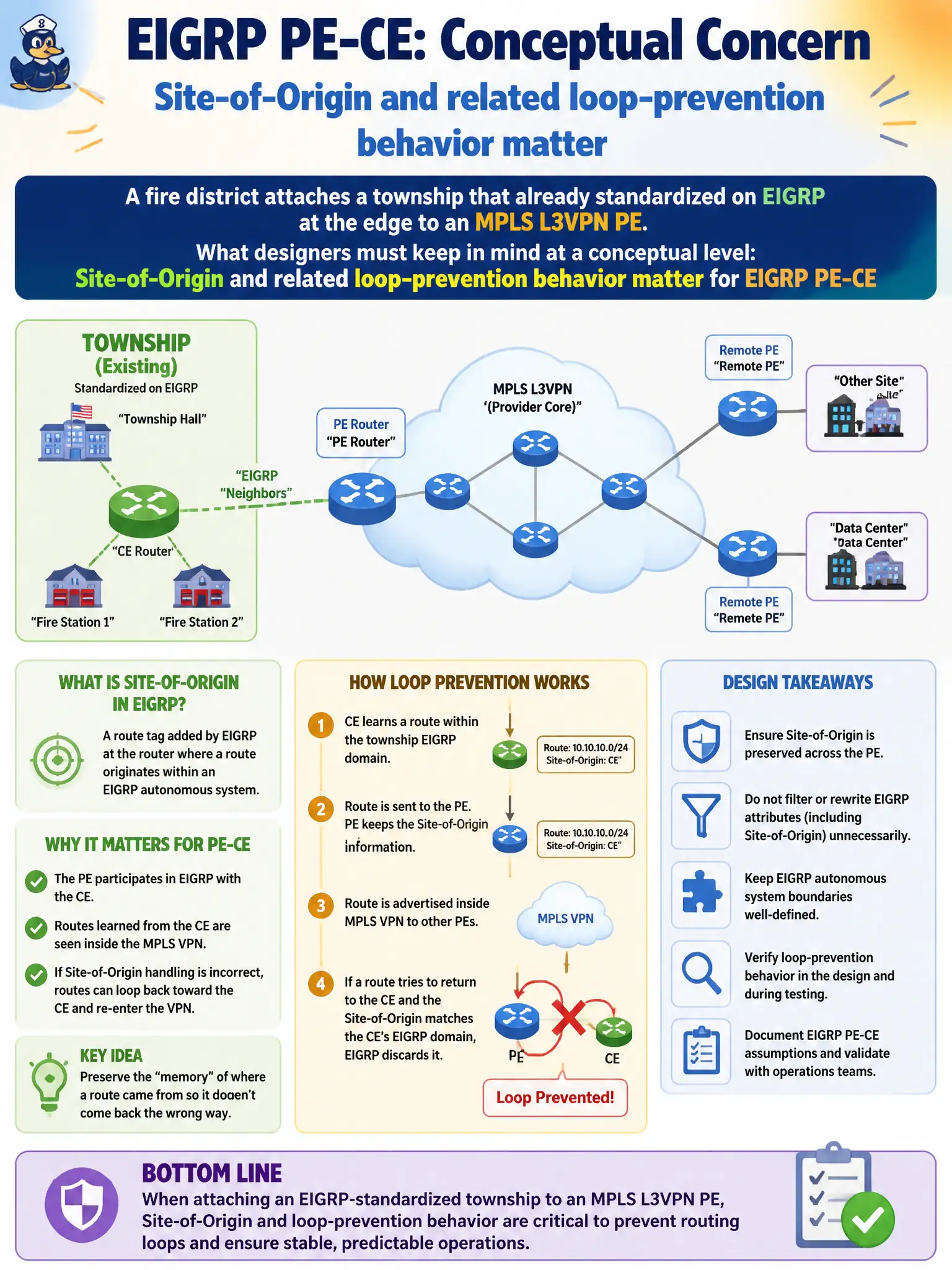 To Create an exciting colorful infographic that explains the concepts in the question: Question: A fire district attaches a township that already standardized on EIGRP at the edge to an MPLS L3VPN PE. Which concern should designers keep in mind at a conceptual level? Correct Answer: Site-of-Origin and related loop-prevention behavior matter for EIGRP PE-CE Put EVERY visible label in double quotes. No people. No A/B/C/D letters. In one of the four corners put a little "Navy Duck".