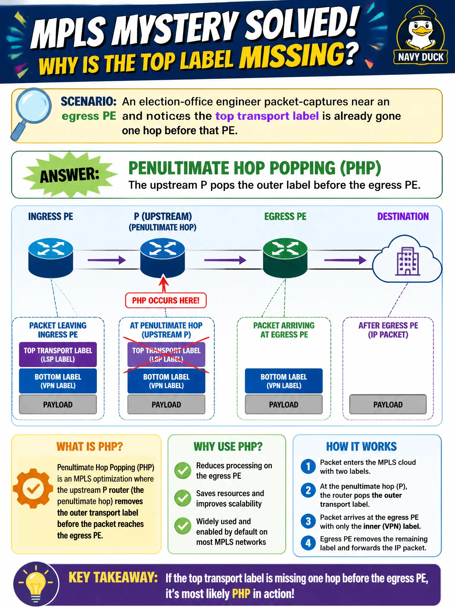 To Create an exciting colorful infographic that explains the concepts in the question: Question: An election-office engineer packet-captures near an egress PE and notices the top transport label is already gone one hop before that PE. Which MPLS behavior most likely explains the missing top label? Correct Answer: Penultimate hop popping (PHP), where the upstream P pops the outer label before the egress PE Put EVERY visible label in double quotes. No people. No A/B/C/D letters. In one of the four corners put a little "Navy Duck".