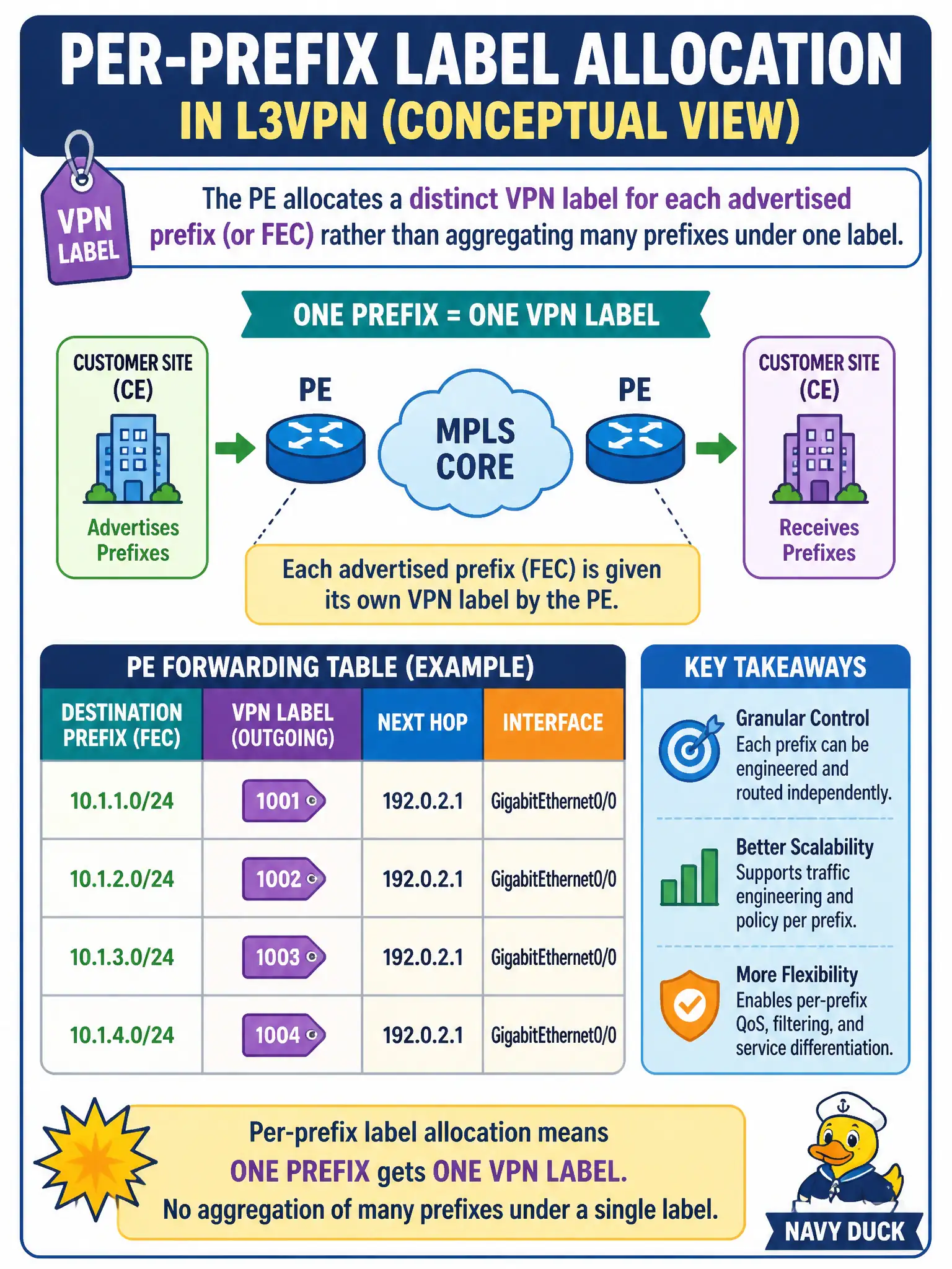 To Create an exciting colorful infographic that explains the concepts in the question: Question: A building-permits desk is reading a PE forwarding table while troubleshooting an L3VPN and must interpret how VPN labels were assigned. At a conceptual level, what does per-prefix label allocation mean? Correct Answer: The PE allocates a distinct VPN label for each advertised prefix (or FEC) rather than aggregating many prefixes under one label Put EVERY visible label in double quotes. No people. No A/B/C/D letters. In one of the four corners put a little "Navy Duck".