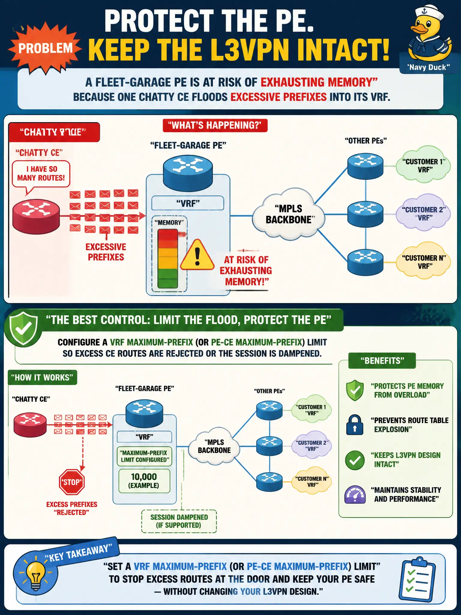 To Create an exciting colorful infographic that explains the concepts in the question: Question: A fleet-garage PE is at risk of exhausting memory because one chatty CE floods excessive prefixes into its VRF. What control best protects the PE while keeping the L3VPN design intact? Correct Answer: Configure a VRF maximum-prefix (or PE-CE maximum-prefix) limit so excess CE routes are rejected or the session is dampened Put EVERY visible label in double quotes. No people. No A/B/C/D letters. In one of the four corners put a little "Navy Duck".