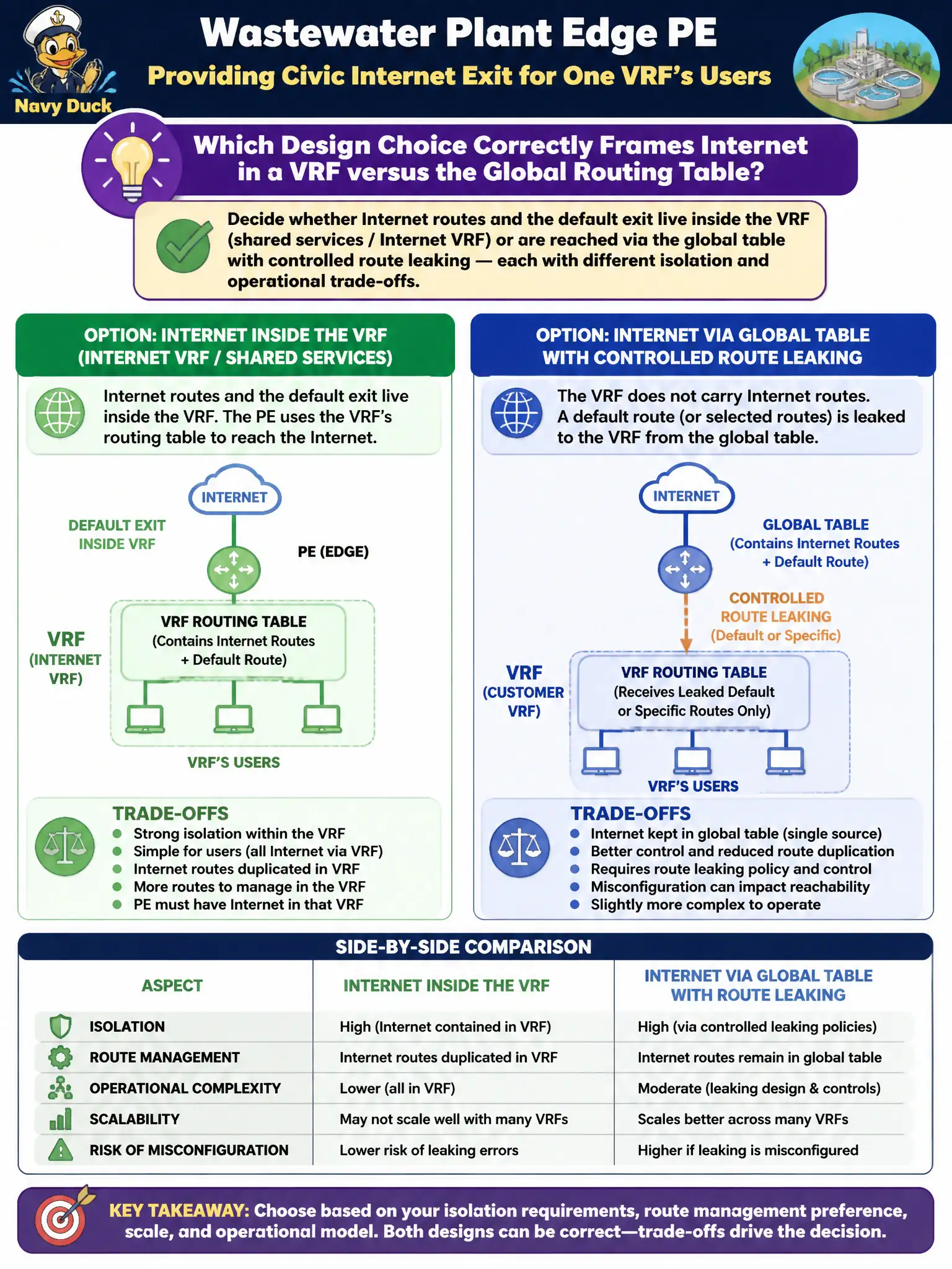 To Create an exciting colorful infographic that explains the concepts in the question: Question: A wastewater plant edge PE must offer civic Internet exit for one VRF’s users. Which design choice correctly frames Internet in a VRF versus the global routing table? Correct Answer: Decide whether Internet routes and the default exit live inside the VRF (shared services / Internet VRF) or are reached via the global table with controlled route leaking — each with different isolation and operational trade-offs Put EVERY visible label in double quotes. No people. No A/B/C/D letters. In one of the four corners put a little "Navy Duck".