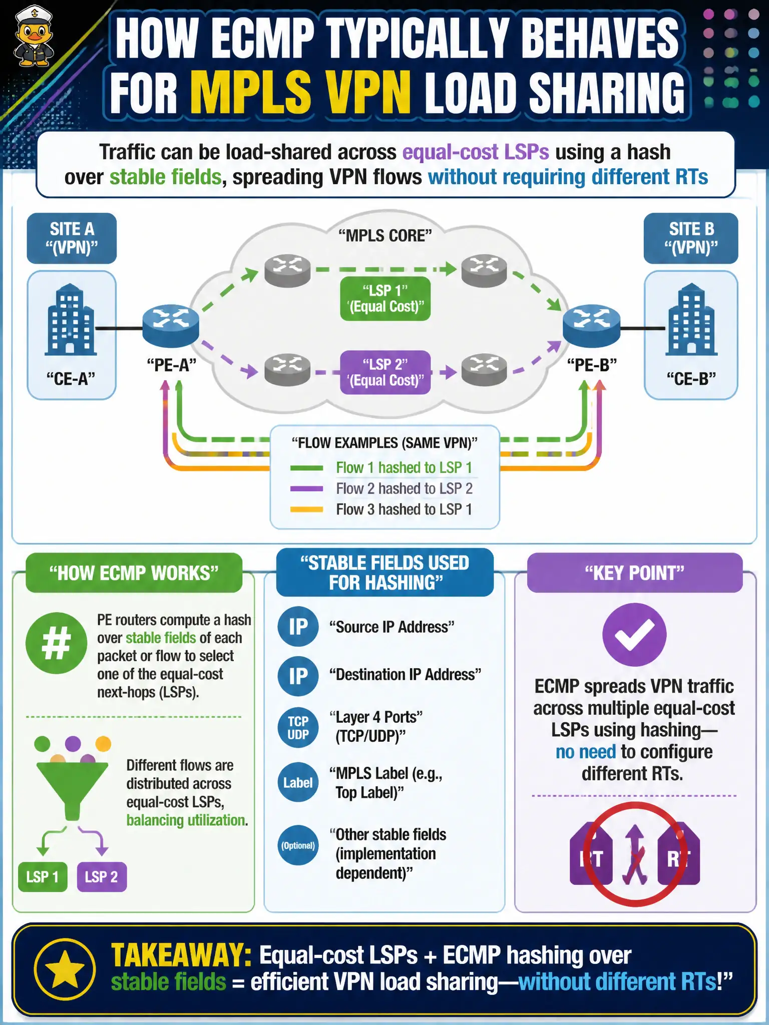 To Create an exciting colorful infographic that explains the concepts in the question: Question: A public-health clinic network has multiple equal-cost transport LSPs between PEs carrying VPN traffic. How does ECMP typically behave for that MPLS VPN load sharing? Correct Answer: Traffic can be load-shared across equal-cost LSPs using a hash over stable fields, spreading VPN flows without requiring different RTs Put EVERY visible label in double quotes. No people. No A/B/C/D letters. In one of the four corners put a little "Navy Duck".