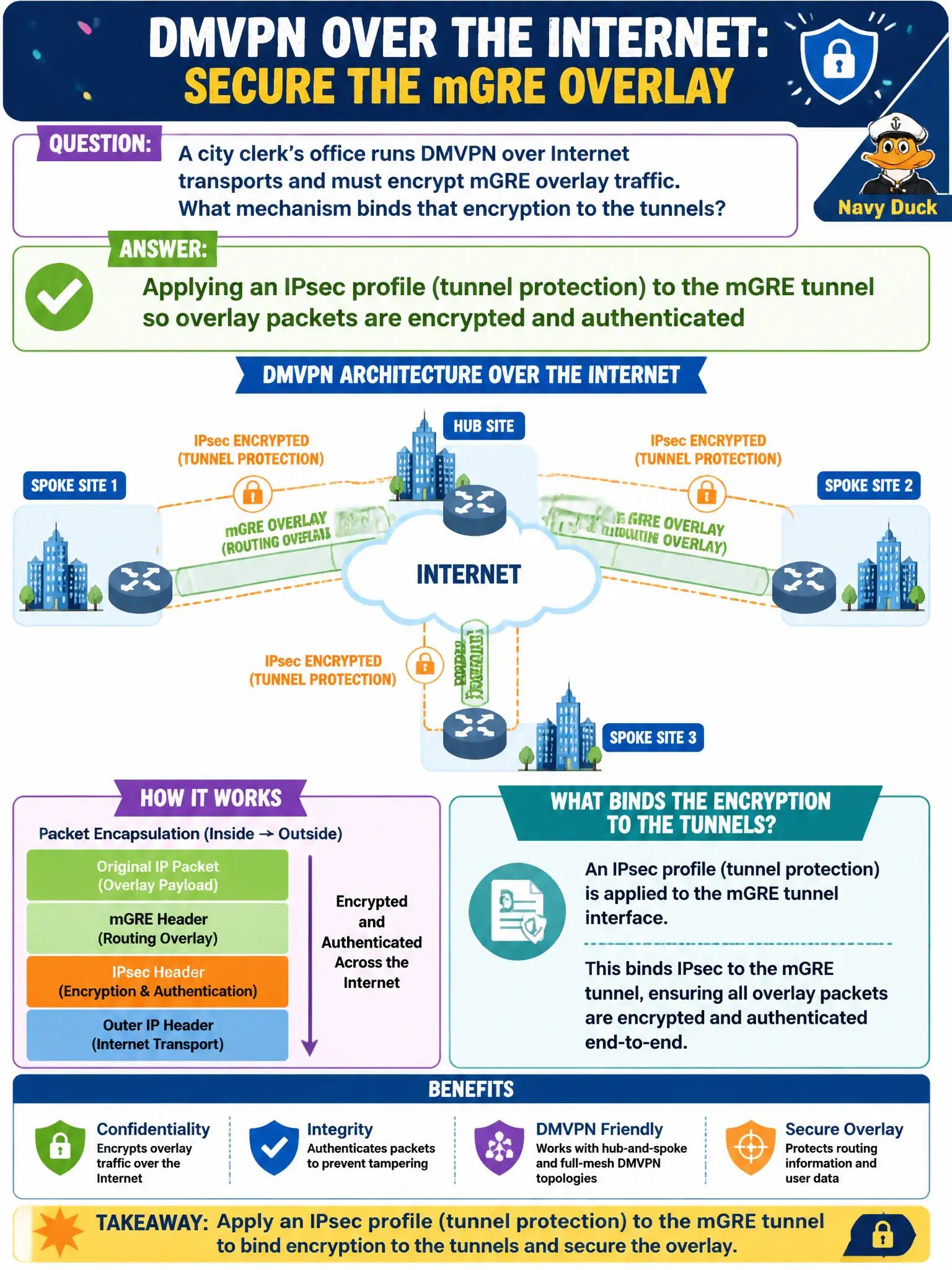 To Create an exciting colorful infographic that explains the concepts in the question: Question: A city clerk’s office runs DMVPN over Internet transports and must encrypt mGRE overlay traffic. What mechanism binds that encryption to the tunnels? Correct Answer: Applying an IPsec profile (tunnel protection) to the mGRE tunnel so overlay packets are encrypted and authenticated Put EVERY visible label in double quotes. No people. No A/B/C/D letters. In one of the four corners put a little "Navy Duck".