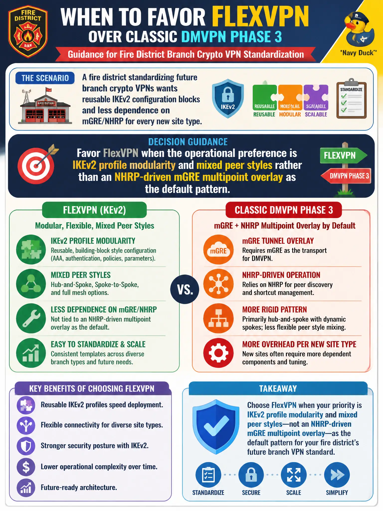 To Create an exciting colorful infographic that explains the concepts in the question: Question: A fire district standardizing future branch crypto VPNs wants reusable IKEv2 configuration blocks and less dependence on mGRE/NHRP for every new site type. When should the architects favor FlexVPN over classic DMVPN Phase 3? Correct Answer: When operational preference is IKEv2 profile modularity and mixed peer styles rather than an NHRP-driven mGRE multipoint overlay as the default pattern. Put EVERY visible label in double quotes. No people. No A/B/C/D letters. In one of the four corners put a little "Navy Duck".