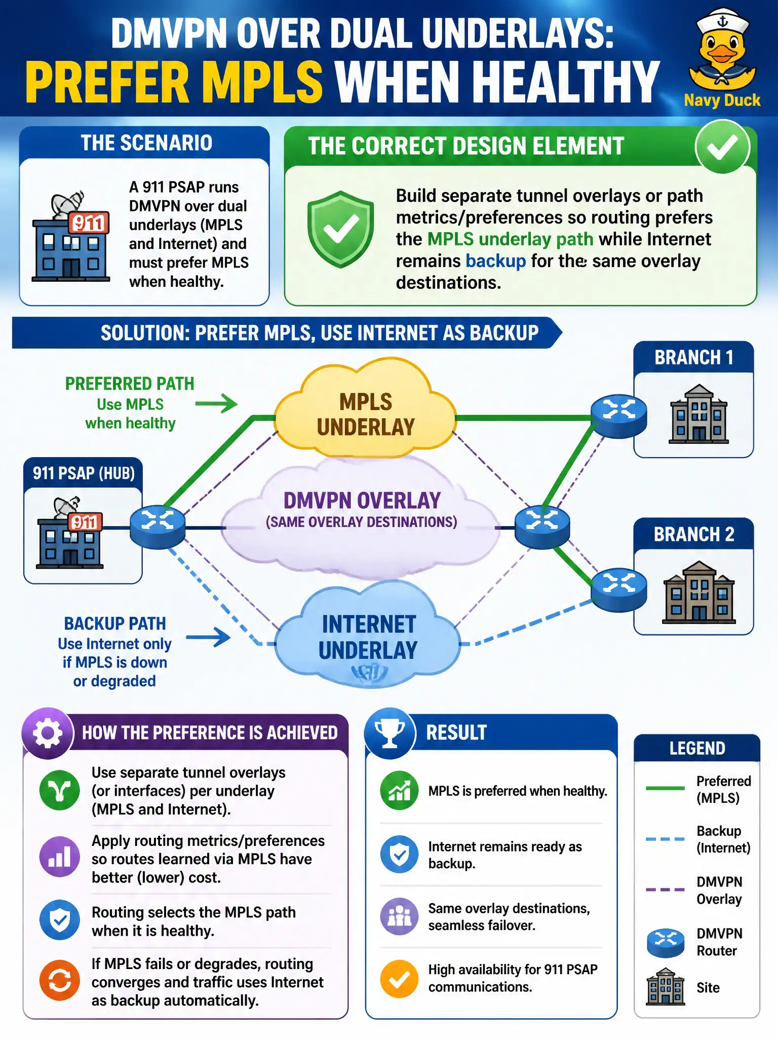 To Create an exciting colorful infographic that explains the concepts in the question: Question: A 911 PSAP runs DMVPN over dual underlays (MPLS and Internet) and must prefer MPLS when healthy. What design element correctly expresses that preference? Correct Answer: Build separate tunnel overlays or path metrics/preferences so routing prefers the MPLS underlay path while Internet remains backup for the same overlay destinations. Put EVERY visible label in double quotes. No people. No A/B/C/D letters. In one of the four corners put a little "Navy Duck".