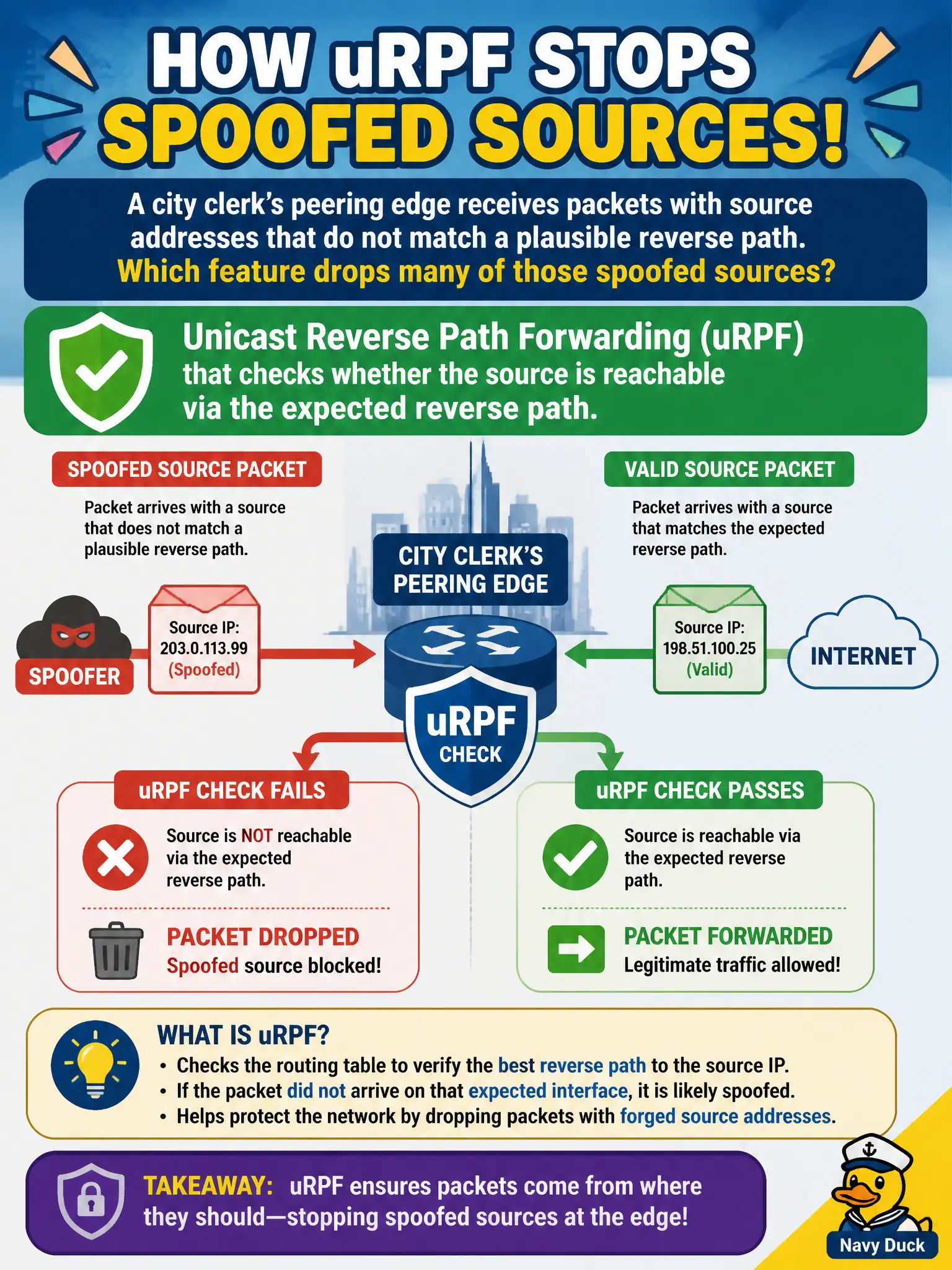 To Create an exciting colorful infographic that explains the concepts in the question: Question: A city clerk’s peering edge receives packets with source addresses that do not match a plausible reverse path. Which feature drops many of those spoofed sources? Correct Answer: Unicast Reverse Path Forwarding (uRPF) that checks whether the source is reachable via the expected reverse path. Put EVERY visible label in double quotes. No people. No A/B/C/D letters. In one of the four corners put a little "Navy Duck".