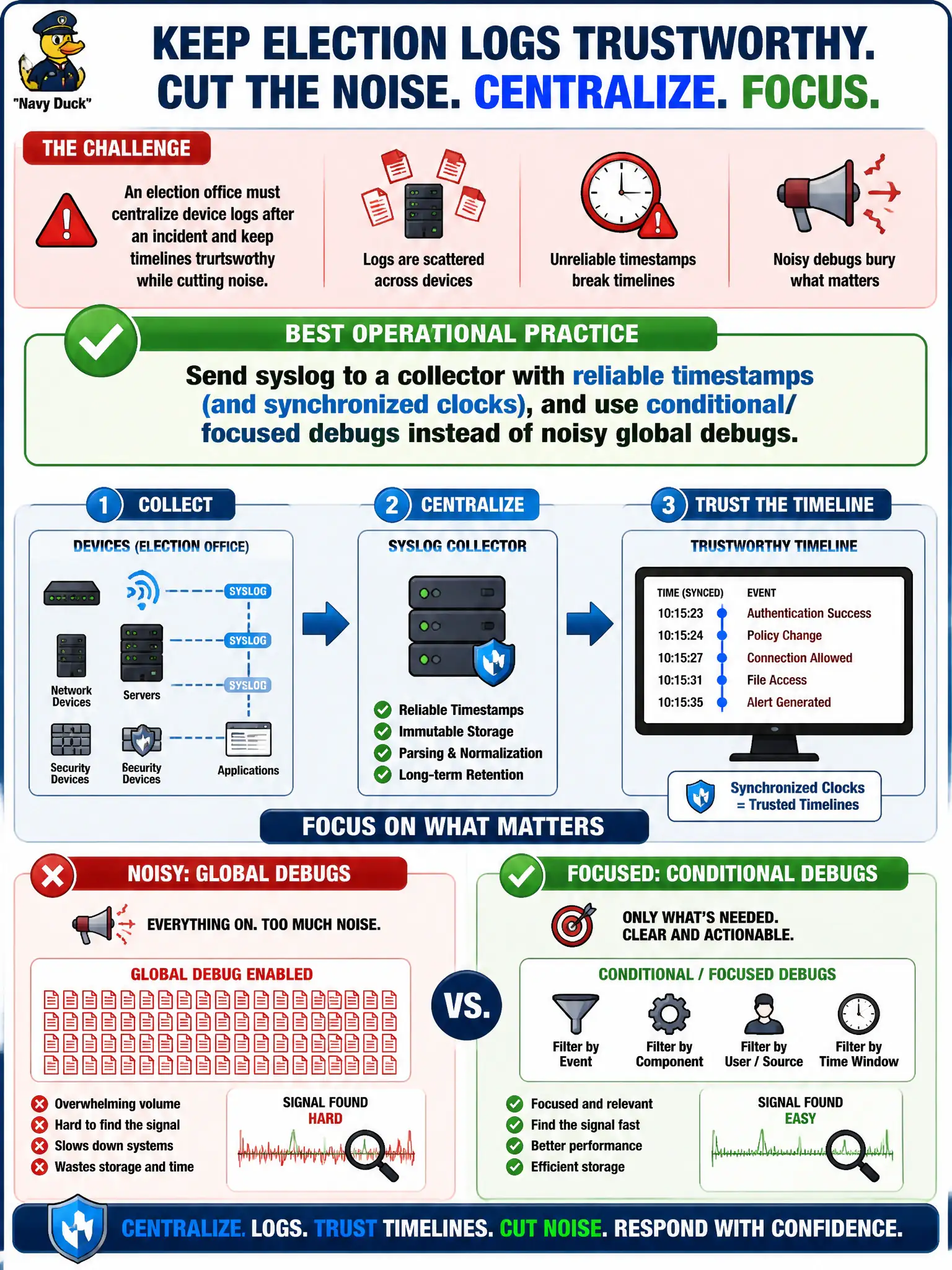 To Create an exciting colorful infographic that explains the concepts in the question: Question: An election office must centralize device logs after an incident and keep timelines trustworthy while cutting noise. Which operational practice best fits? Correct Answer: Send syslog to a collector with reliable timestamps (and synchronized clocks), and use conditional/focused debugs instead of noisy global debugs Put EVERY visible label in double quotes. No people. No A/B/C/D letters. In one of the four corners put a little "Navy Duck".