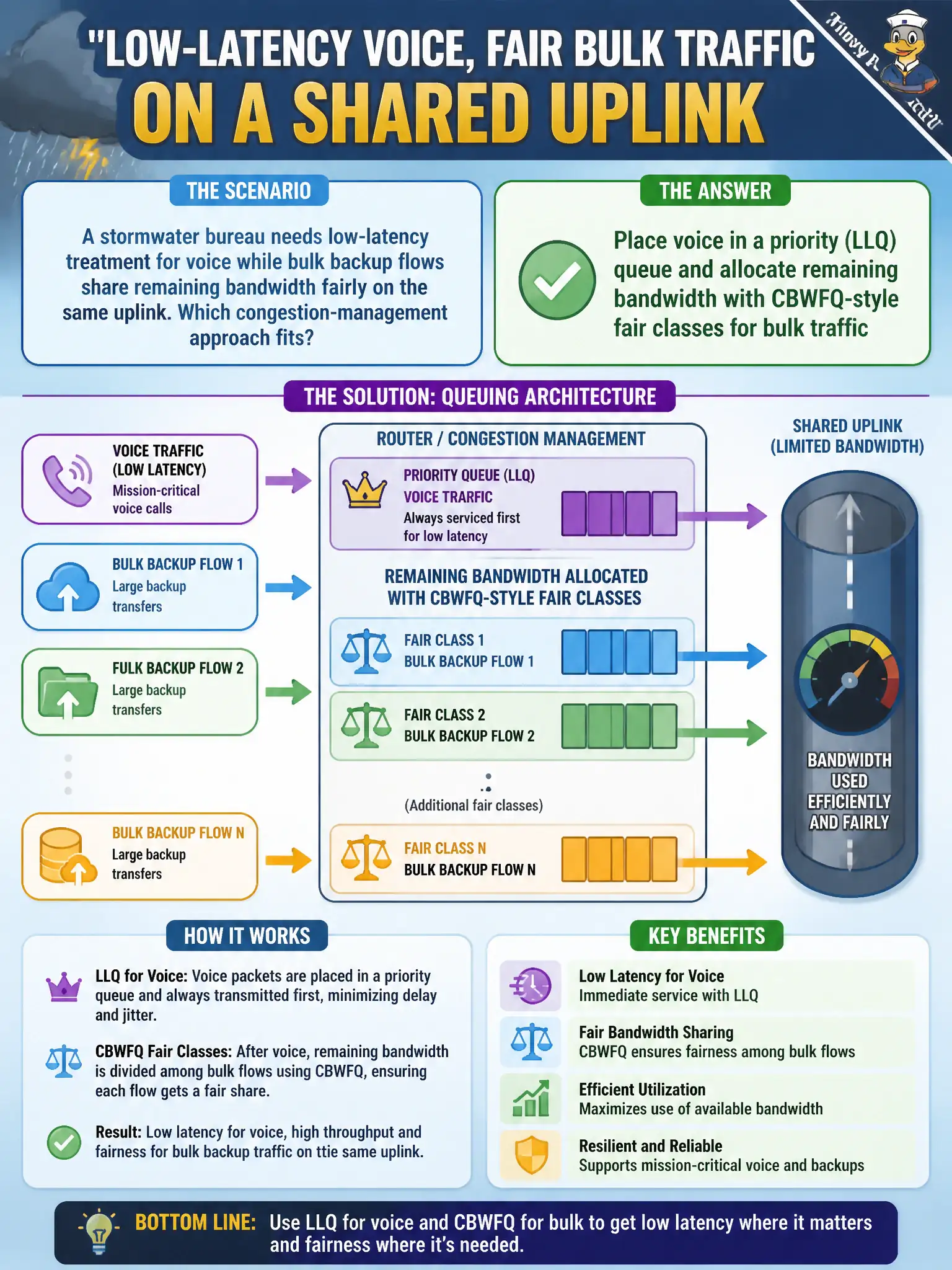 To Create an exciting colorful infographic that explains the concepts in the question: Question: A stormwater bureau needs low-latency treatment for voice while bulk backup flows share remaining bandwidth fairly on the same uplink. Which congestion-management approach fits? Correct Answer: Place voice in a priority (LLQ) queue and allocate remaining bandwidth with CBWFQ-style fair classes for bulk traffic Put EVERY visible label in double quotes. No people. No A/B/C/D letters. In one of the four corners put a little "Navy Duck".