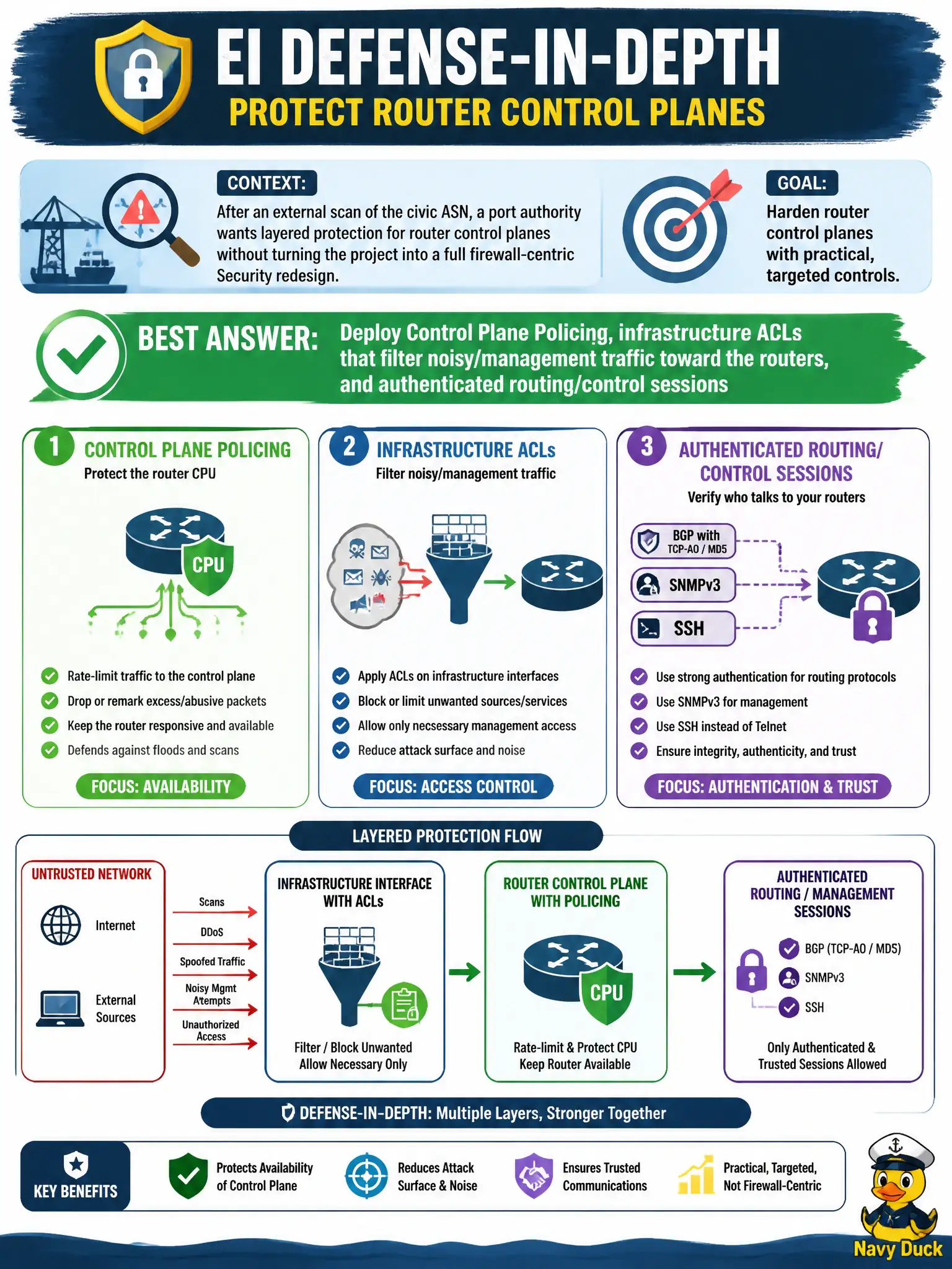 To Create an exciting colorful infographic that explains the concepts in the question: Question: After an external scan of the civic ASN, a port authority wants layered protection for router control planes without turning the project into a full firewall-centric Security redesign. Which combination best reflects EI defense-in-depth on the network devices? Correct Answer: Deploy Control Plane Policing, infrastructure ACLs that filter noisy/management traffic toward the routers, and authenticated routing/control sessions Put EVERY visible label in double quotes. No people. No A/B/C/D letters. In one of the four corners put a little "Navy Duck".