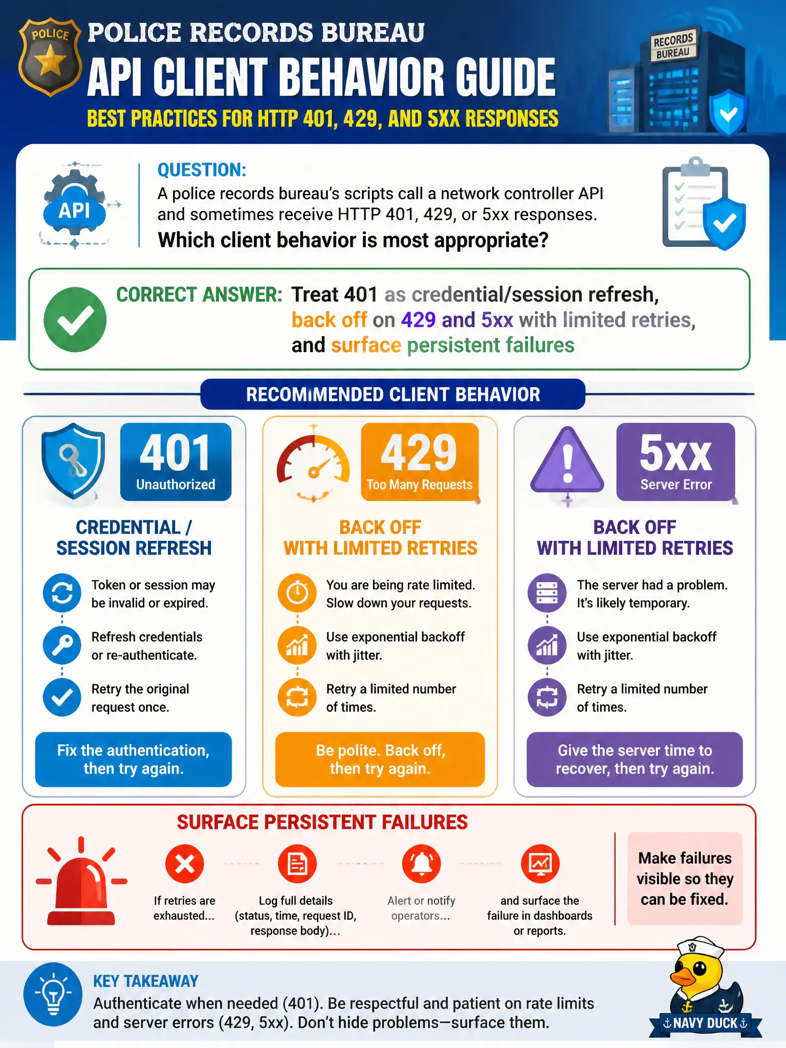 To Create an exciting colorful infographic that explains the concepts in the question: Question: A police records bureau’s scripts call a network controller API and sometimes receive HTTP 401, 429, or 5xx responses. Which client behavior is most appropriate? Correct Answer: Treat 401 as credential/session refresh, back off on 429 and 5xx with limited retries, and surface persistent failures Put EVERY visible label in double quotes. No people. No A/B/C/D letters. In one of the four corners put a little "Navy Duck".