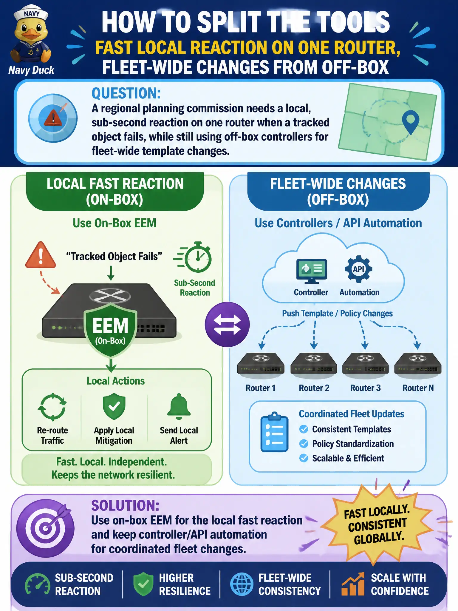 To Create an exciting colorful infographic that explains the concepts in the question: Question: A regional planning commission needs a local, sub-second reaction on one router when a tracked object fails, while still using off-box controllers for fleet-wide template changes. How should those tools be split? Correct Answer: Use on-box EEM for the local fast reaction and keep controller/API automation for coordinated fleet changes Put EVERY visible label in double quotes. No people. No A/B/C/D letters. In one of the four corners put a little "Navy Duck".