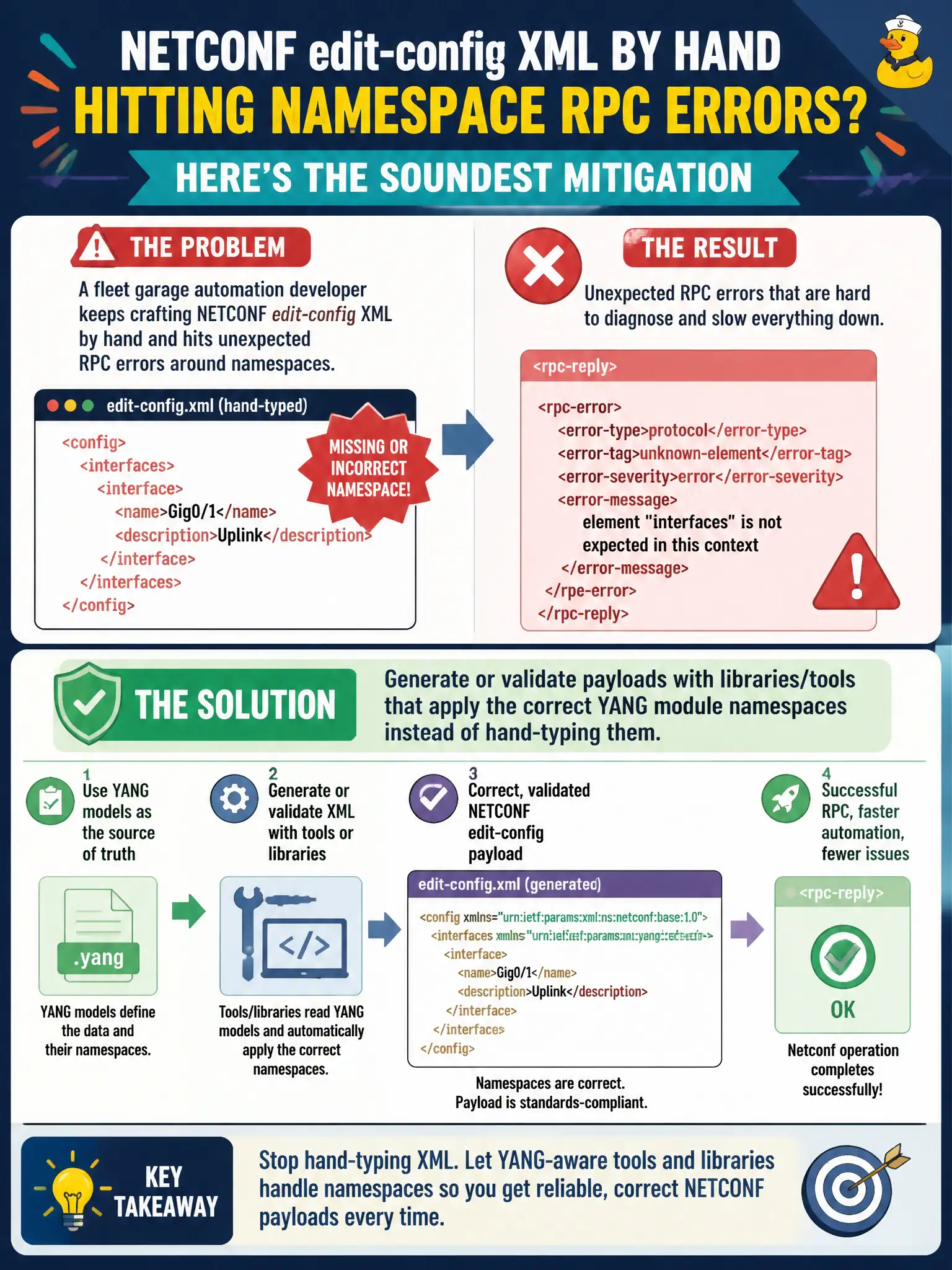 To Create an exciting colorful infographic that explains the concepts in the question: Question: A fleet garage automation developer keeps crafting NETCONF edit-config XML by hand and hits unexpected RPC errors around namespaces. What is the soundest mitigation? Correct Answer: Generate or validate payloads with libraries/tools that apply the correct YANG module namespaces instead of hand-typing them Put EVERY visible label in double quotes. No people. No A/B/C/D letters. In one of the four corners put a little "Navy Duck".