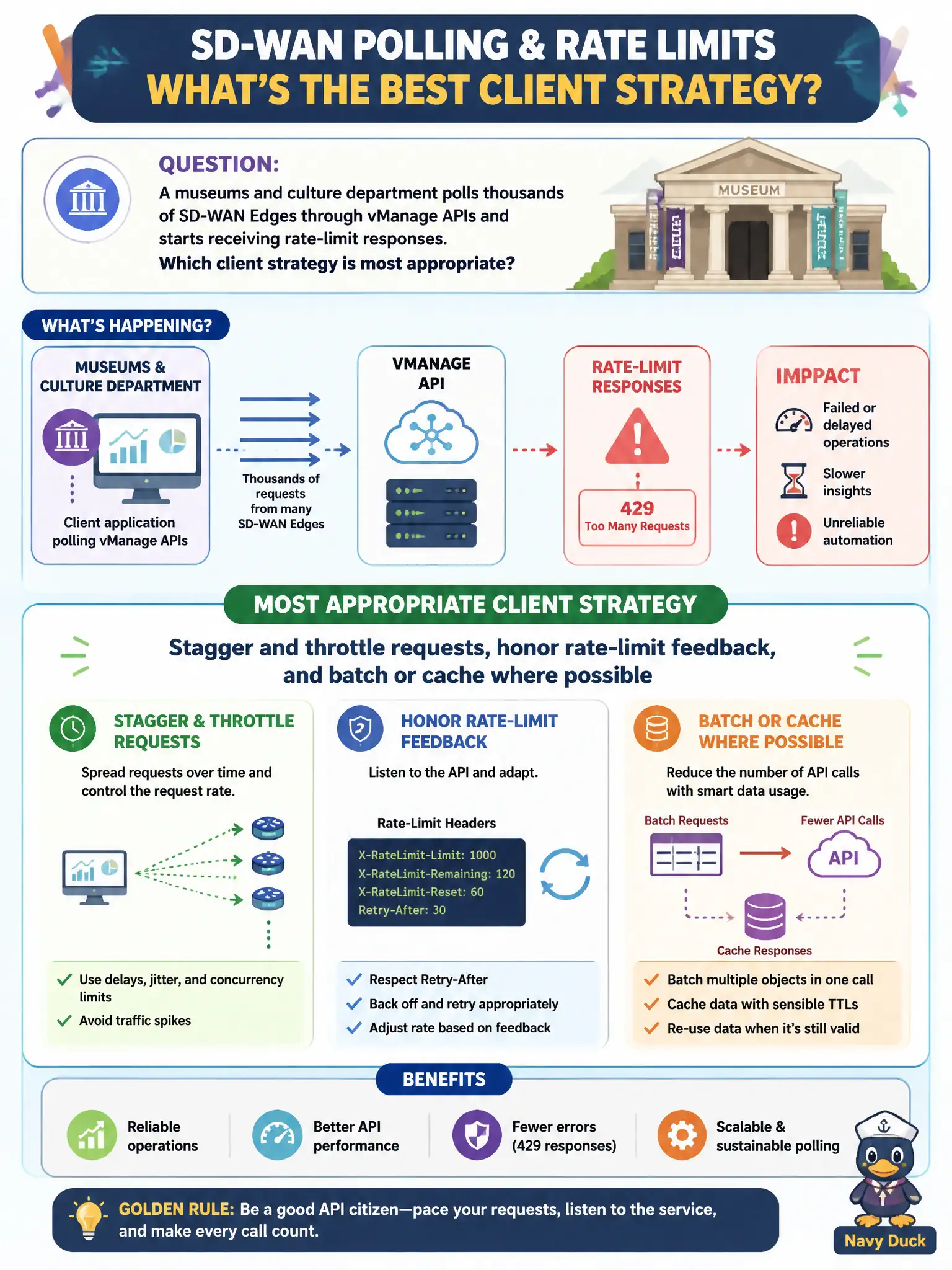 To Create an exciting colorful infographic that explains the concepts in the question: Question: A museums and culture department polls thousands of SD-WAN Edges through vManage APIs and starts receiving rate-limit responses. Which client strategy is most appropriate? Correct Answer: Stagger and throttle requests, honor rate-limit feedback, and batch or cache where possible Put EVERY visible label in double quotes. No people. No A/B/C/D letters. In one of the four corners put a little "Navy Duck".