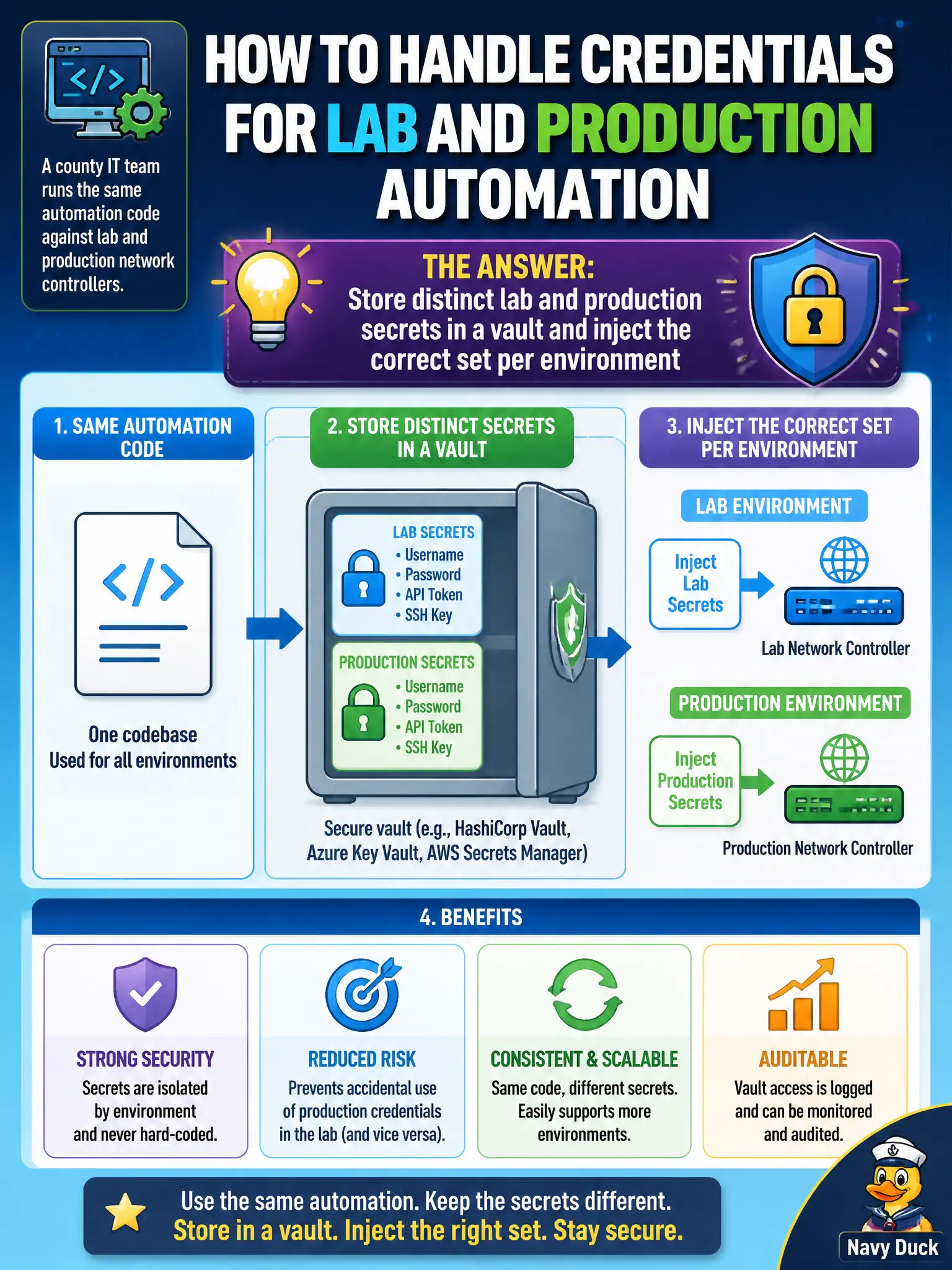 To Create an exciting colorful infographic that explains the concepts in the question: Question: A county IT team runs the same automation code against lab and production network controllers. How should credentials be handled? Correct Answer: Store distinct lab and production secrets in a vault and inject the correct set per environment Put EVERY visible label in double quotes. No people. No A/B/C/D letters. In one of the four corners put a little "Navy Duck".