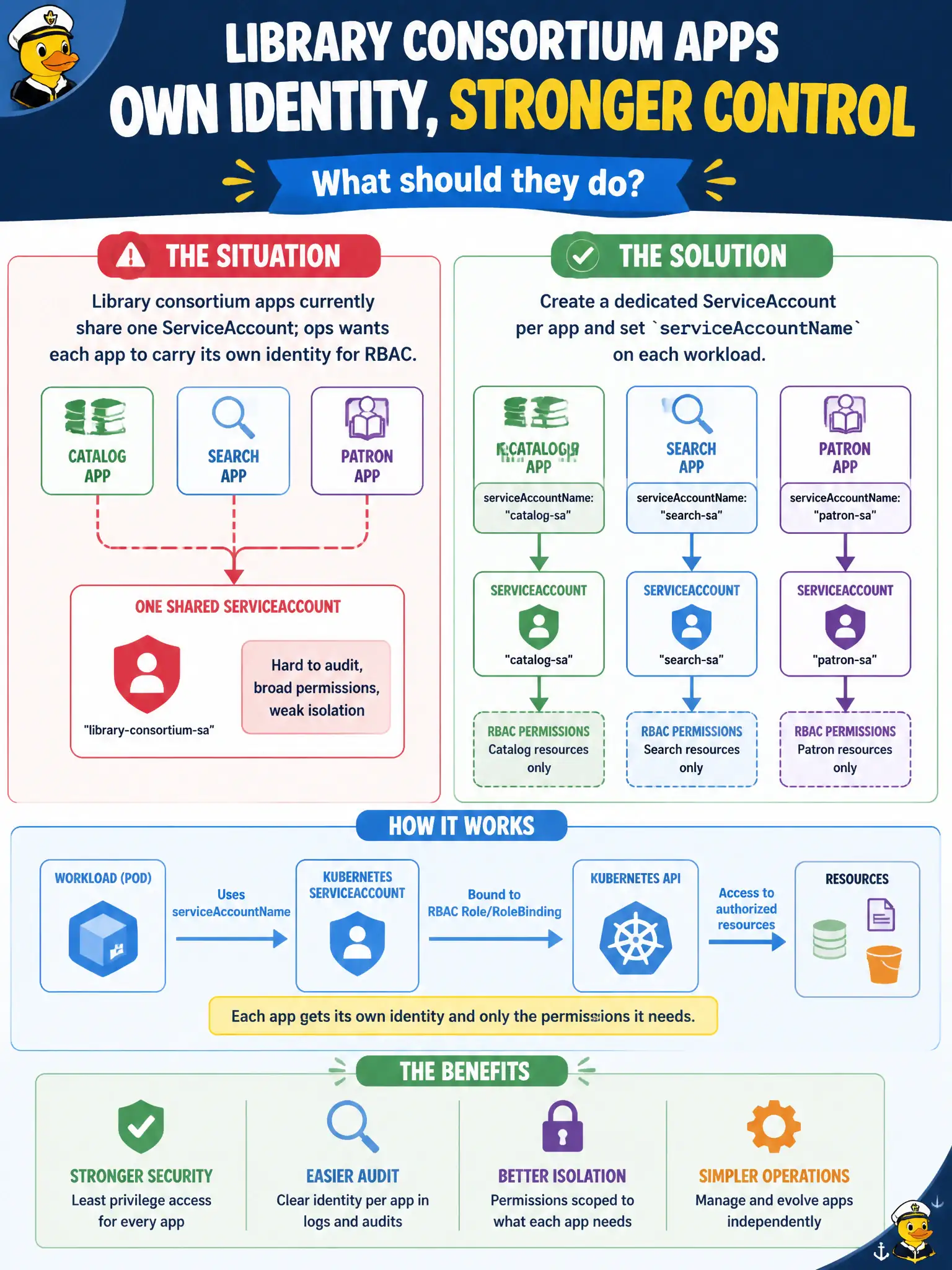 To Create an exciting colorful infographic that explains the concepts in the question: Question: Library consortium apps currently share one ServiceAccount; ops wants each app to carry its own identity for RBAC. What should they do? Correct Answer: Create a dedicated ServiceAccount per app and set serviceAccountName on each workload. Put EVERY visible label in double quotes. No people. No A/B/C/D letters. In one of the four corners put a little "Navy Duck".