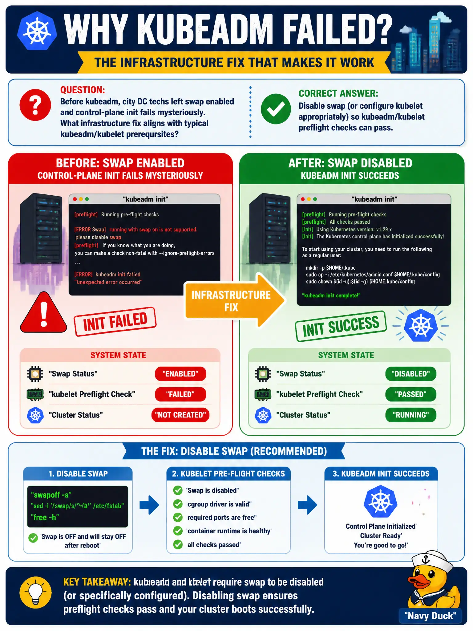 To Create an exciting colorful infographic that explains the concepts in the question: Question: Before kubeadm, city DC techs left swap enabled and control-plane init fails mysteriously. What infrastructure fix aligns with typical kubeadm/kubelet prerequisites? Correct Answer: Disable swap (or configure kubelet appropriately) so kubeadm/kubelet preflight checks can pass. Put EVERY visible label in double quotes. No people. No A/B/C/D letters. In one of the four corners put a little "Navy Duck".