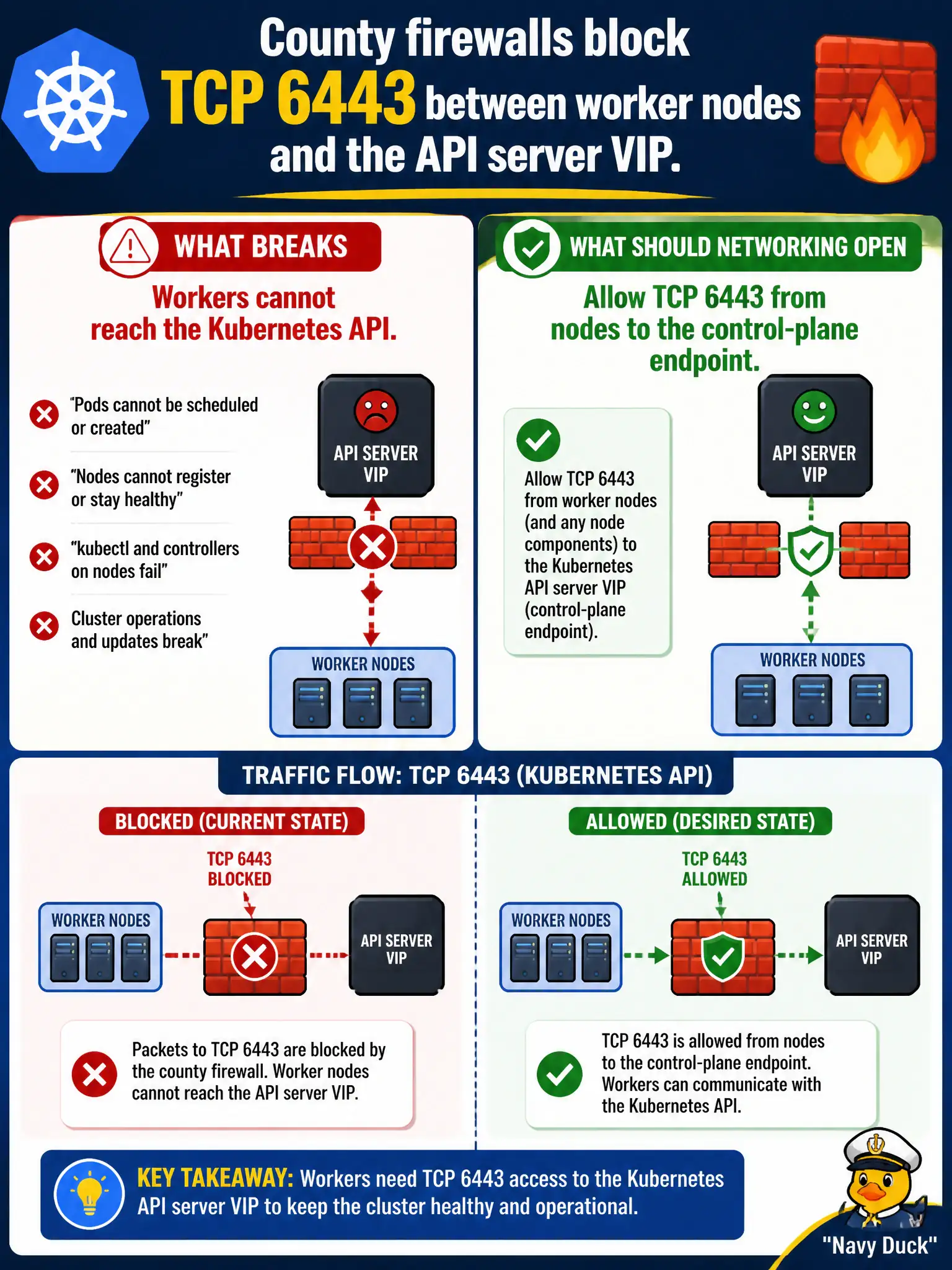 To Create an exciting colorful infographic that explains the concepts in the question: Question: County firewalls block TCP 6443 between worker nodes and the API server VIP. What breaks, and what should networking open? Correct Answer: Workers cannot reach the Kubernetes API; allow TCP 6443 from nodes to the control-plane endpoint. Put EVERY visible label in double quotes. No people. No A/B/C/D letters. In one of the four corners put a little "Navy Duck".