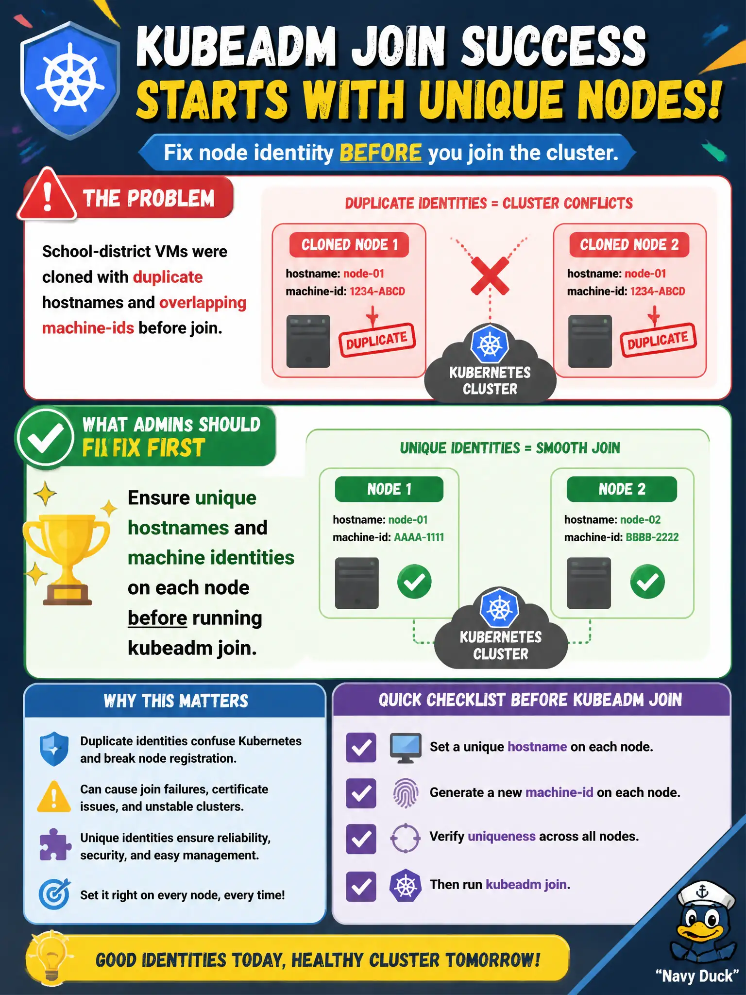 To Create an exciting colorful infographic that explains the concepts in the question: Question: School-district VMs were cloned with duplicate hostnames and overlapping machine-ids before join. What should admins fix first? Correct Answer: Ensure unique hostnames and machine identities on each node before running kubeadm join. Put EVERY visible label in double quotes. No people. No A/B/C/D letters. In one of the four corners put a little "Navy Duck".