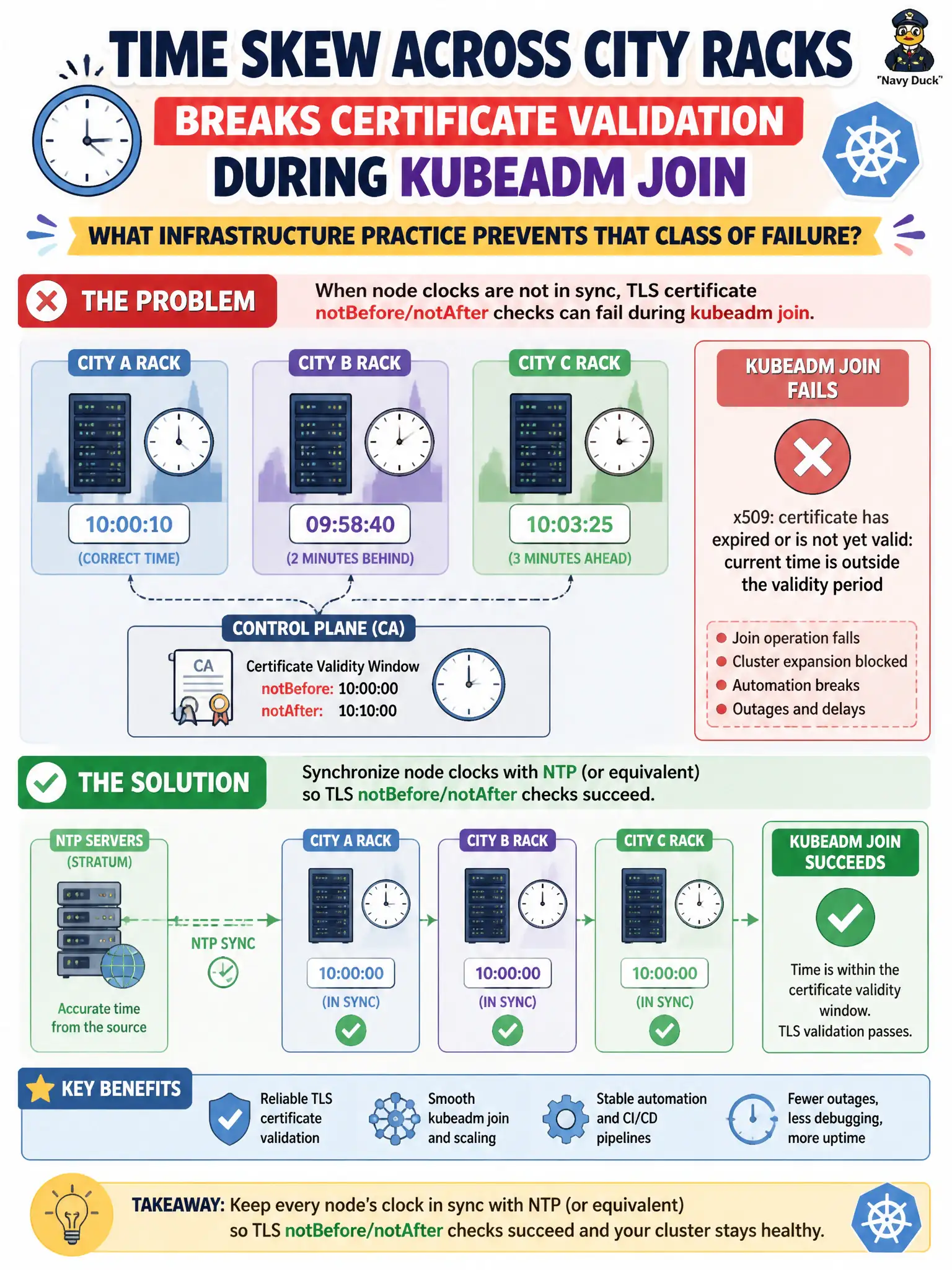 To Create an exciting colorful infographic that explains the concepts in the question: Question: Time skew across city racks breaks certificate validation during kubeadm join. What infrastructure practice prevents that class of failure? Correct Answer: Synchronize node clocks with NTP (or equivalent) so TLS notBefore/notAfter checks succeed. Put EVERY visible label in double quotes. No people. No A/B/C/D letters. In one of the four corners put a little "Navy Duck".