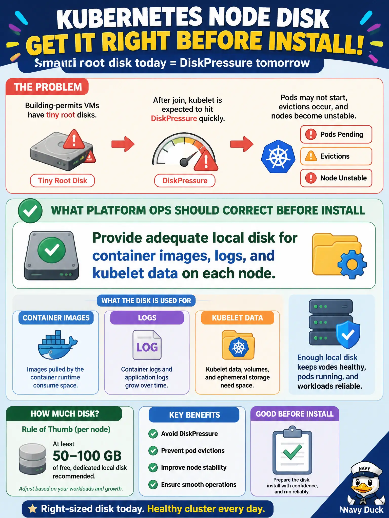 To Create an exciting colorful infographic that explains the concepts in the question: Question: Building-permits VMs have tiny root disks; after join, kubelet is expected to hit DiskPressure quickly. What should platform ops correct before install? Correct Answer: Provide adequate local disk for container images, logs, and kubelet data on each node. Put EVERY visible label in double quotes. No people. No A/B/C/D letters. In one of the four corners put a little "Navy Duck".