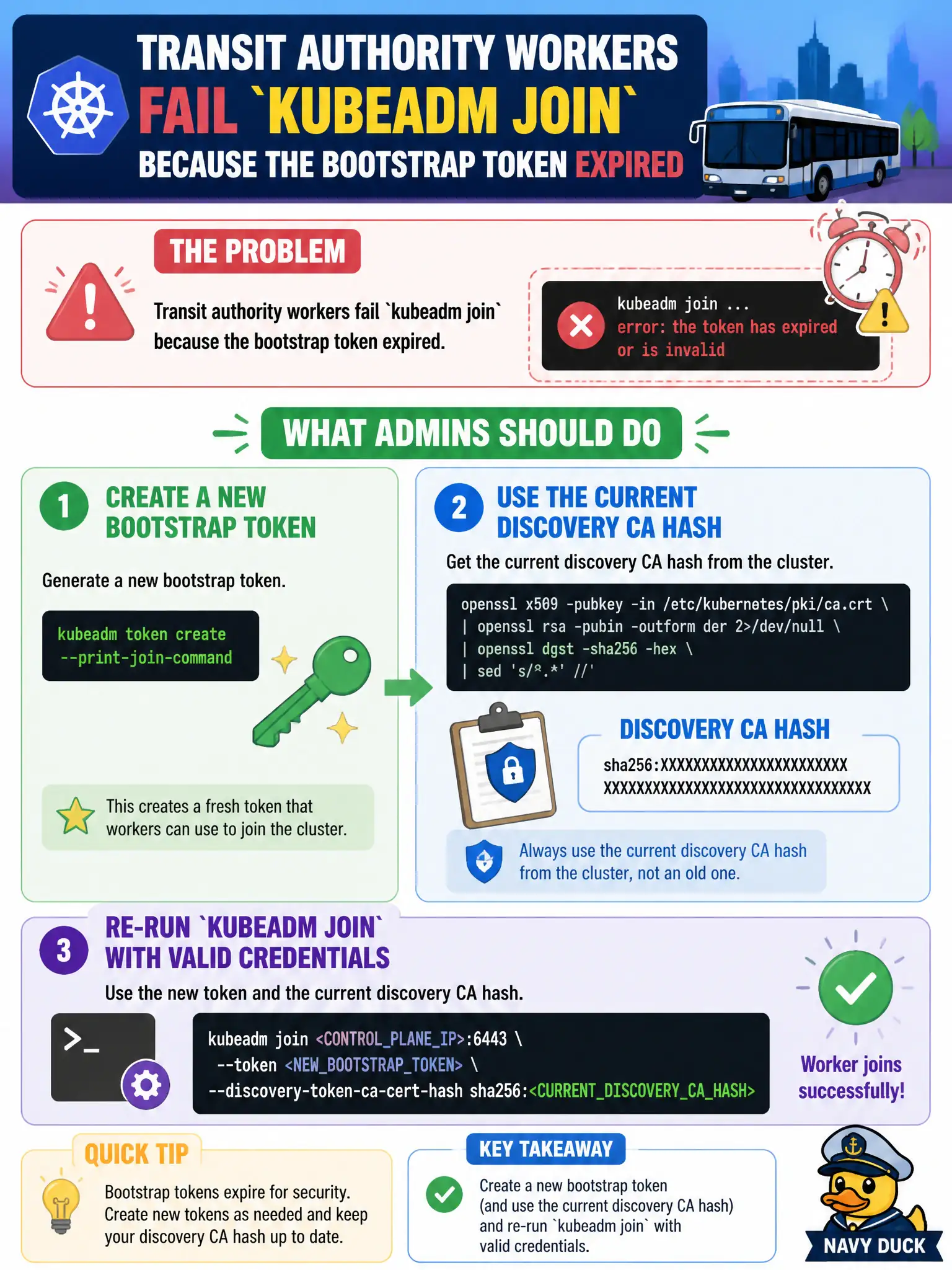 To Create an exciting colorful infographic that explains the concepts in the question: Question: Transit authority workers fail kubeadm join because the bootstrap token expired. What should admins do? Correct Answer: Create a new bootstrap token (and use the current discovery CA hash) and re-run kubeadm join with valid credentials. Put EVERY visible label in double quotes. No people. No A/B/C/D letters. In one of the four corners put a little "Navy Duck".