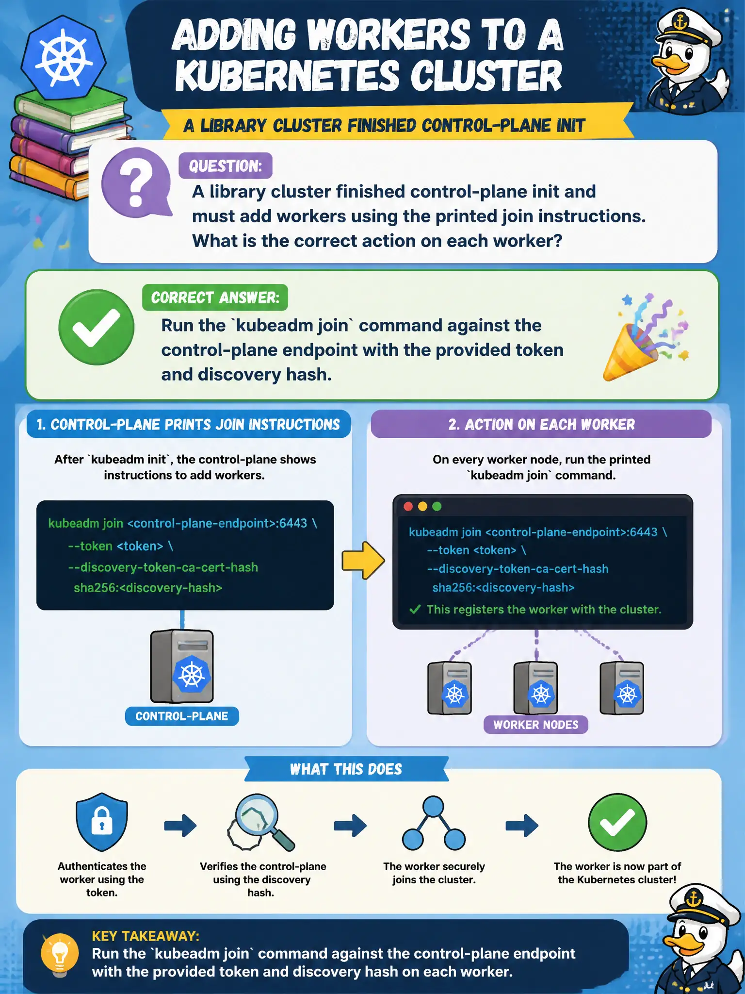 To Create an exciting colorful infographic that explains the concepts in the question: Question: A library cluster finished control-plane init and must add workers using the printed join instructions. What is the correct action on each worker? Correct Answer: Run the kubeadm join command against the control-plane endpoint with the provided token and discovery hash. Put EVERY visible label in double quotes. No people. No A/B/C/D letters. In one of the four corners put a little "Navy Duck".