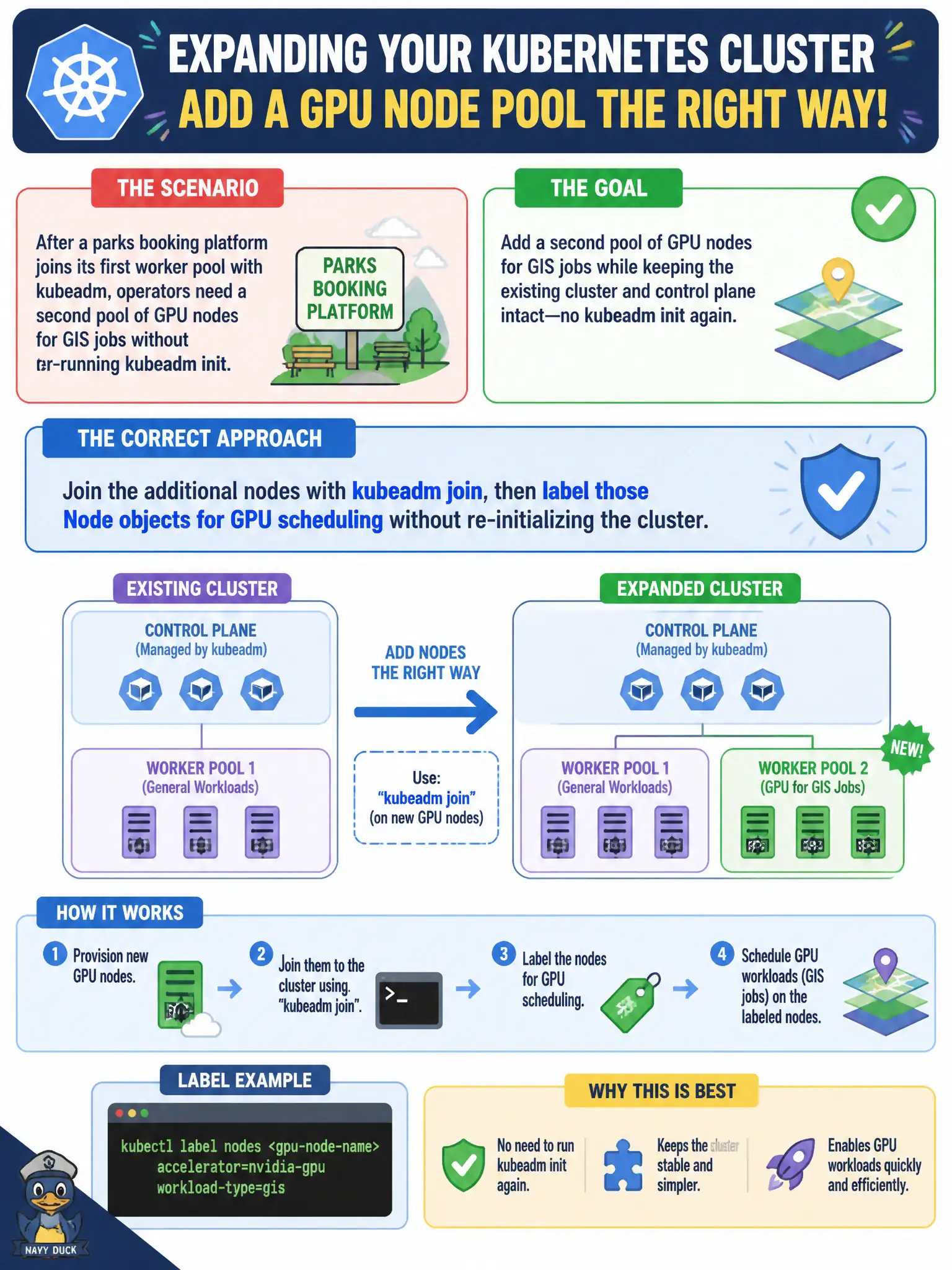 To Create an exciting colorful infographic that explains the concepts in the question: Question: After a parks booking platform joins its first worker pool with kubeadm, operators need a second pool of GPU nodes for GIS jobs without re-running kubeadm init. What is the correct admin approach? Correct Answer: Join the additional nodes with kubeadm join, then label those Node objects for GPU scheduling without re-initializing the cluster. Put EVERY visible label in double quotes. No people. No A/B/C/D letters. In one of the four corners put a little "Navy Duck".