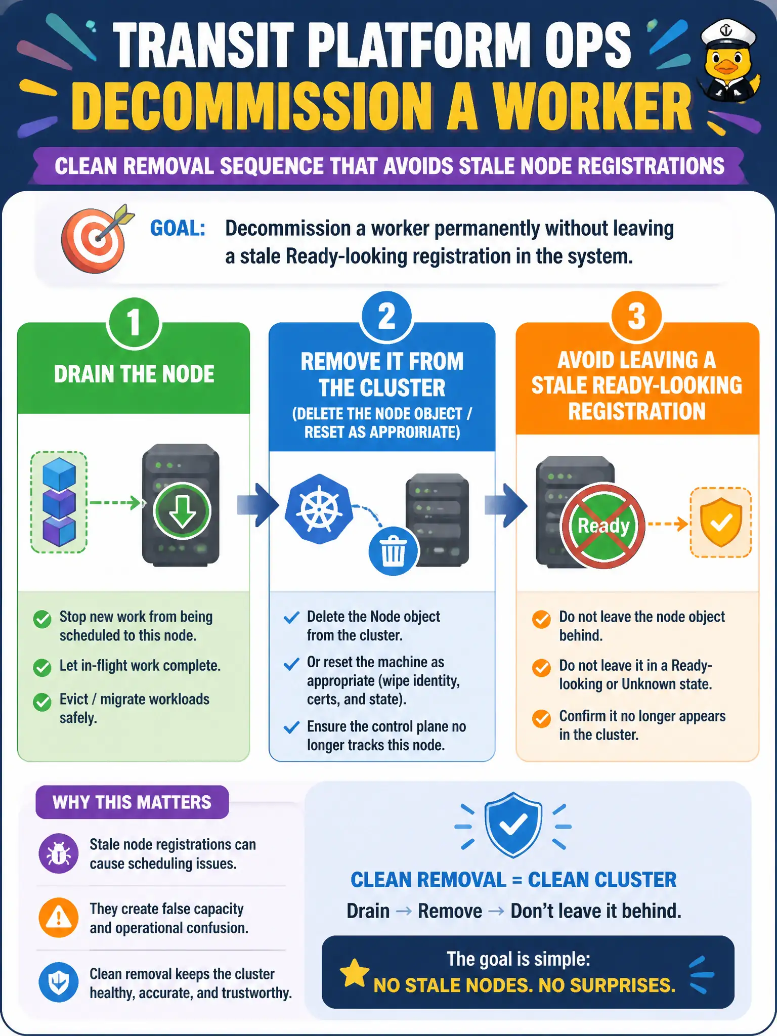To Create an exciting colorful infographic that explains the concepts in the question: Question: Transit platform ops must decommission a worker permanently. What clean removal sequence avoids stale node registrations? Correct Answer: Drain the node, remove it from the cluster (delete the Node object / reset as appropriate), and avoid leaving a stale Ready-looking registration. Put EVERY visible label in double quotes. No people. No A/B/C/D letters. In one of the four corners put a little "Navy Duck".